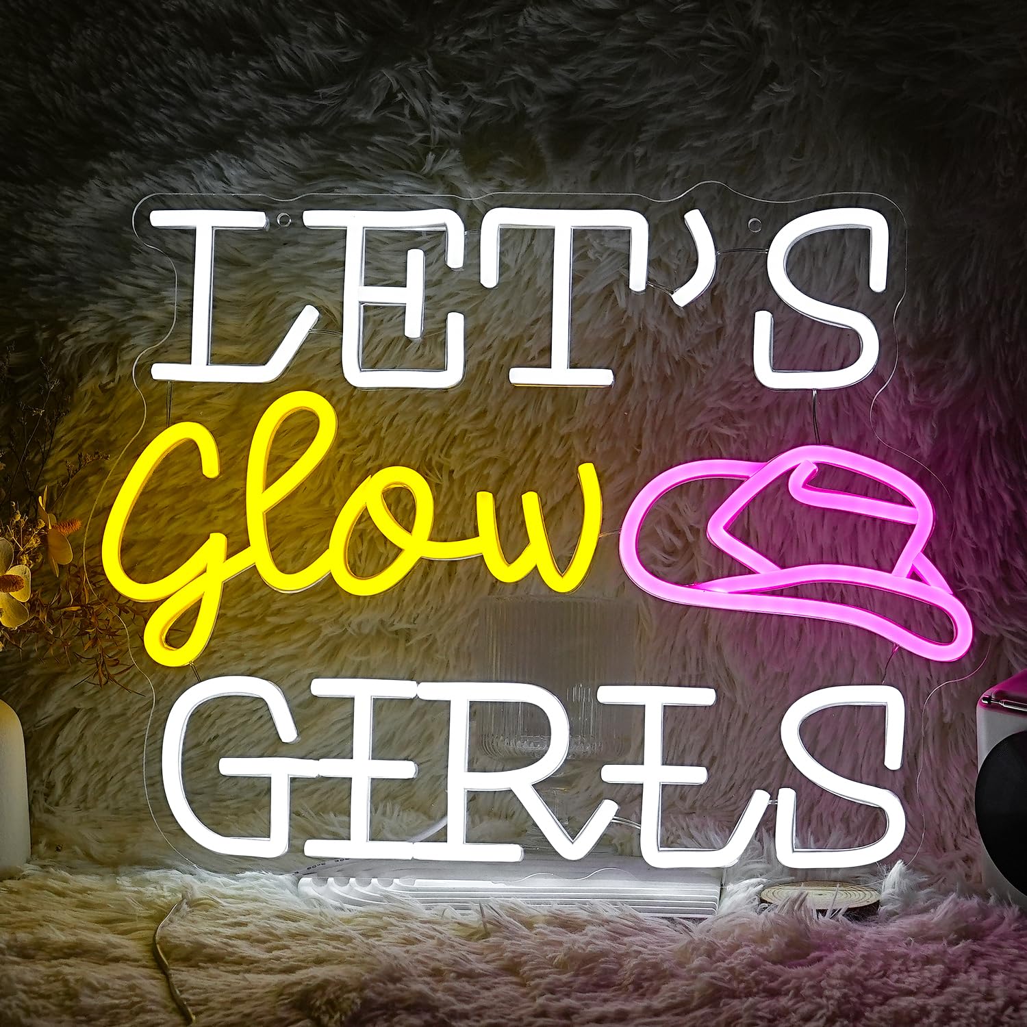 GNVETZLL Neon Sign for Wall Decor, Dimmable LED Cowboy Hat Light, 16.5in x 12.2in, White Yellow Pink, Girls Room Bedroom Party Wedding Gifts