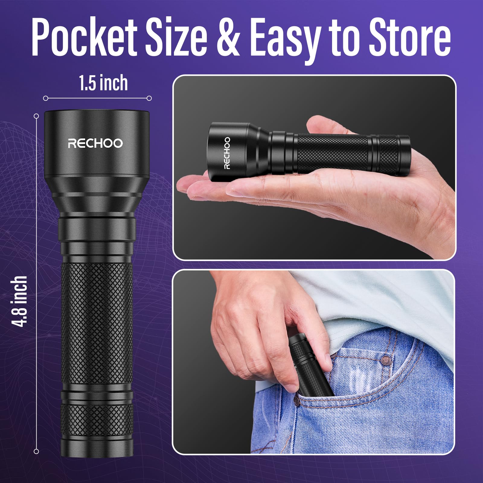 RECHOO UV Flashlight Black Light, 21 LED 395nm, Rechargeable, Waterproof, 2 Pack, Black, Model SU001