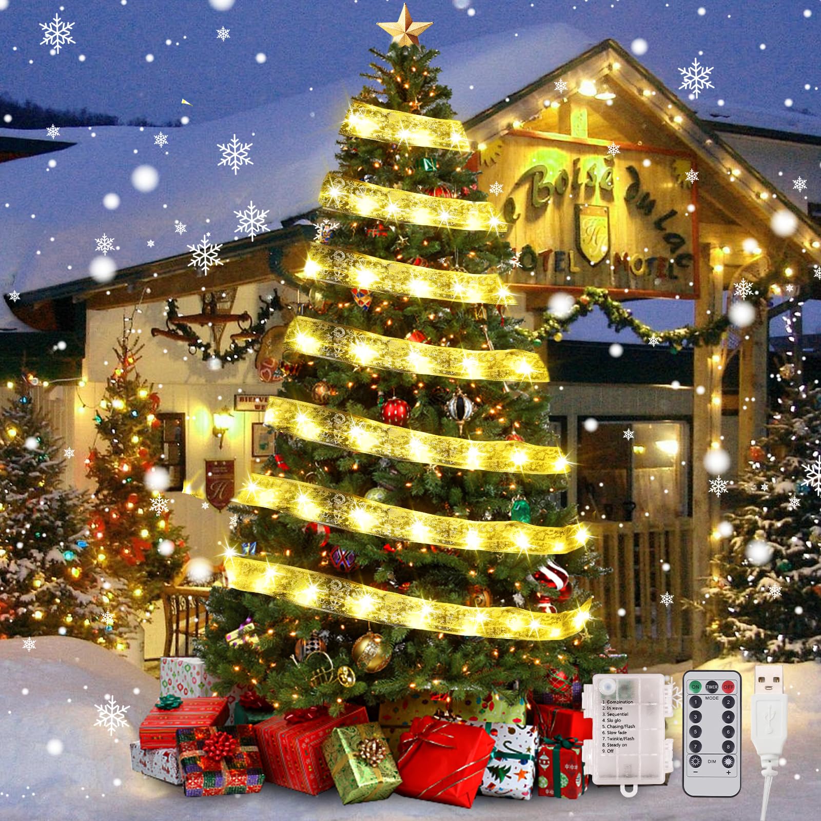 Dailyart Christmas Tree Ribbon Lights, 200 LED, 78Ft, Warm White, USB & Battery Operated, Remote Timer, 8 Lighting Modes