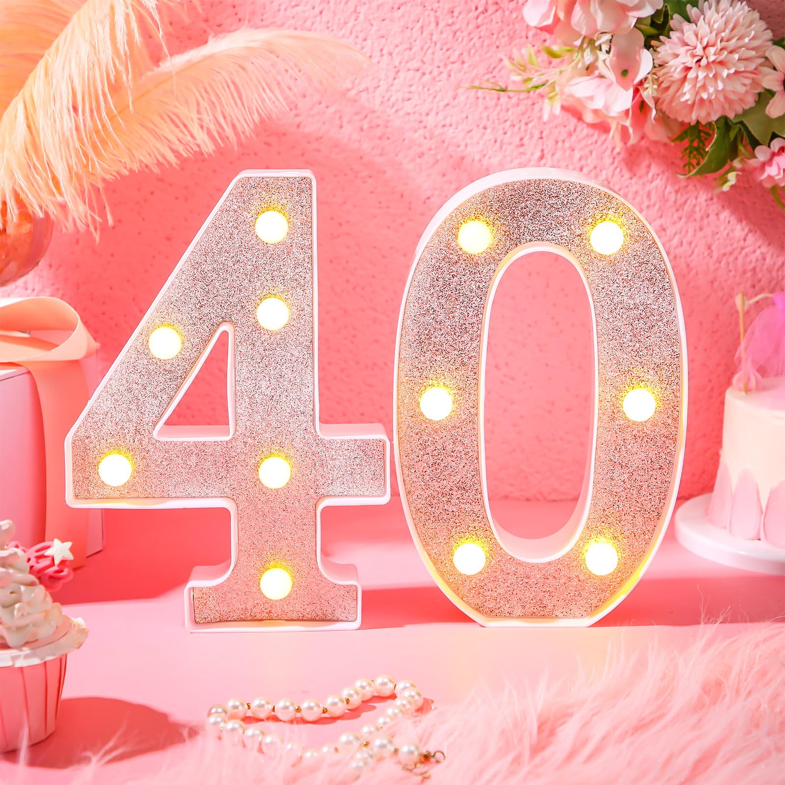 Treela 8.7 Birthday Decorative Led Light Up Numbers  Glitter Marquee Number Sign For Night Birthday Party Decorations Anniversary Bar Led Sign Backdrop Wall Table Centerpieces(40Th Rose Gold)