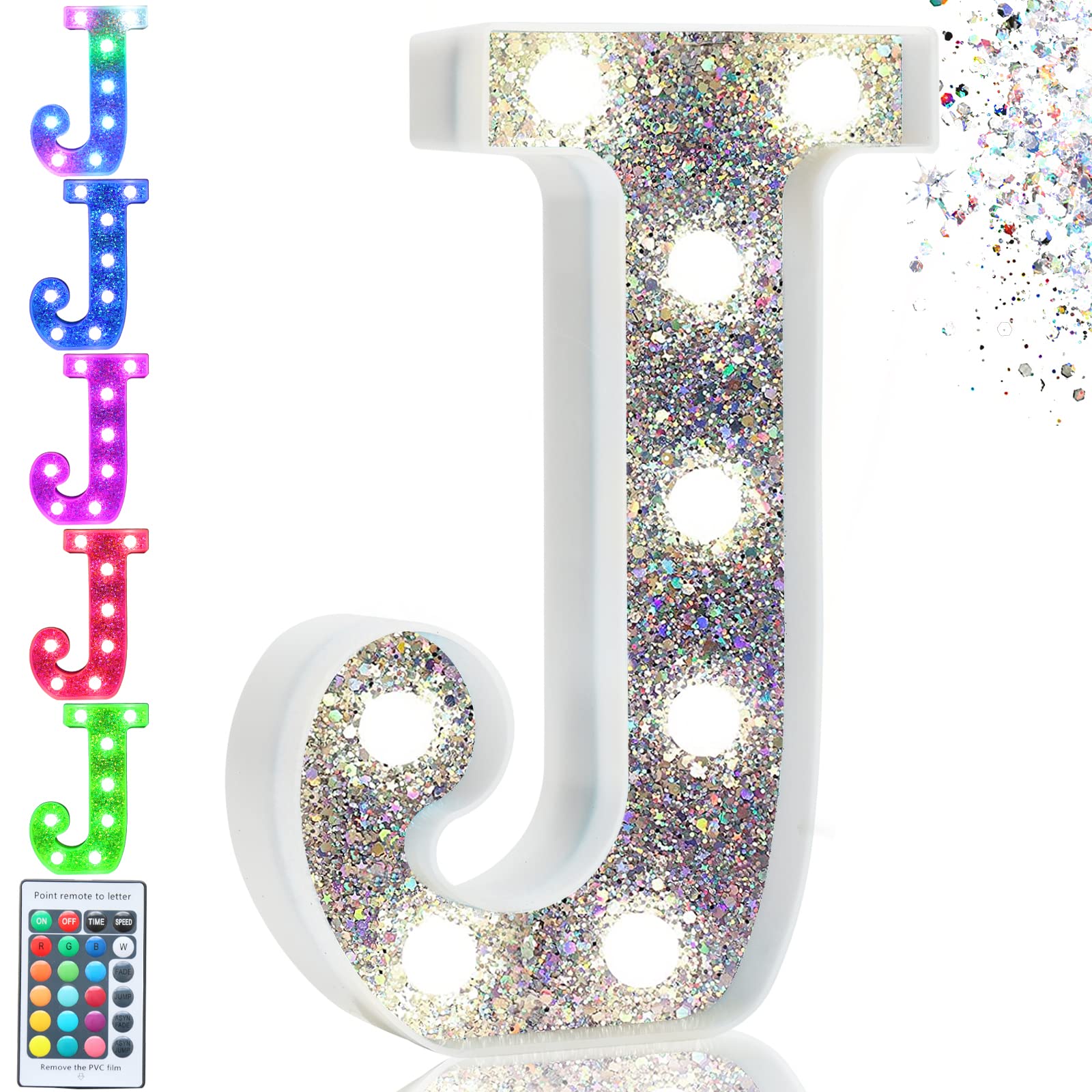 Pooqla LED Marquee Letter Lights, Silver, RGB Colors, Battery Operated, Model S-RGB Silver, Letter J for Parties and Decorations