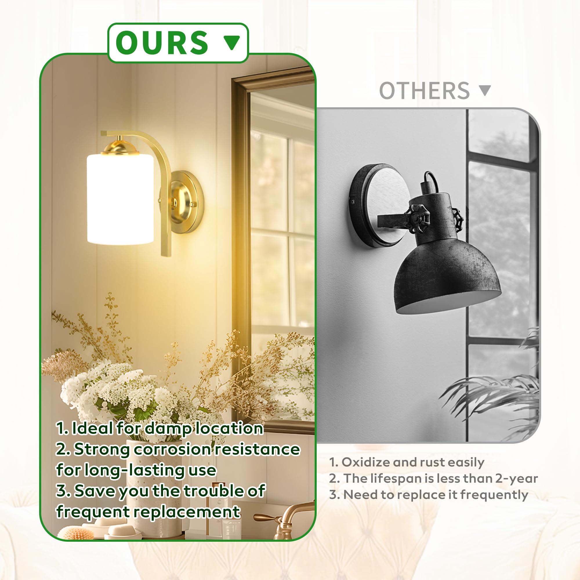 Wall Sconces Lights Lamp For Bedroom Bathroom  Modern Vanity Light Fixtures  Gold Farmhouse Wall Mount Lighting Lanterns With Glass Shade For Living Room Mirror Hallway Kitchen