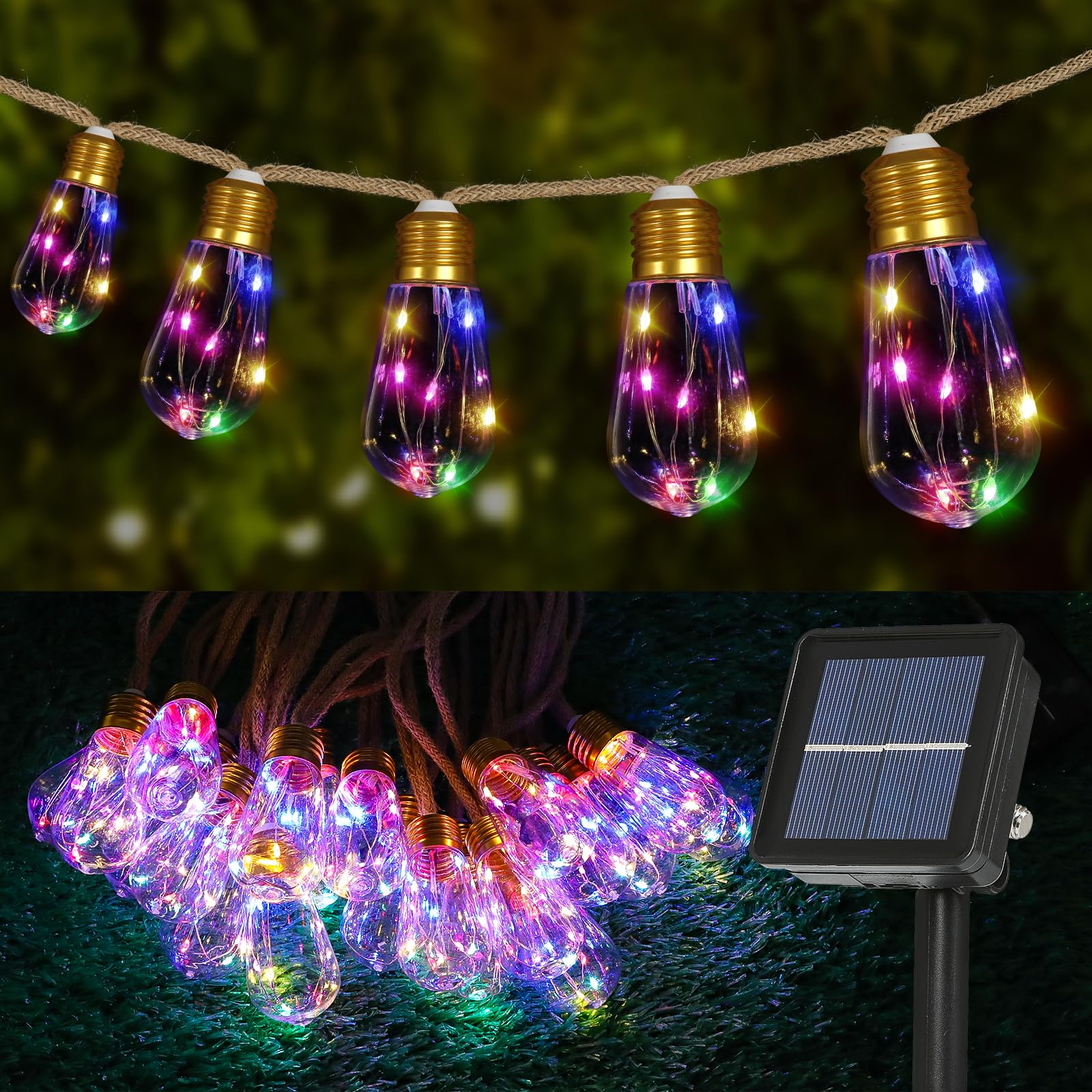 Solar Outdoor String Lights 24Ft Vintage Rope Hemp Solar Lights With 20 Shatterproof Bulbs,8 Modes Solar Powered String Lights With Memory Function, Waterproof For Garden,Camping,Café(Multicolor)