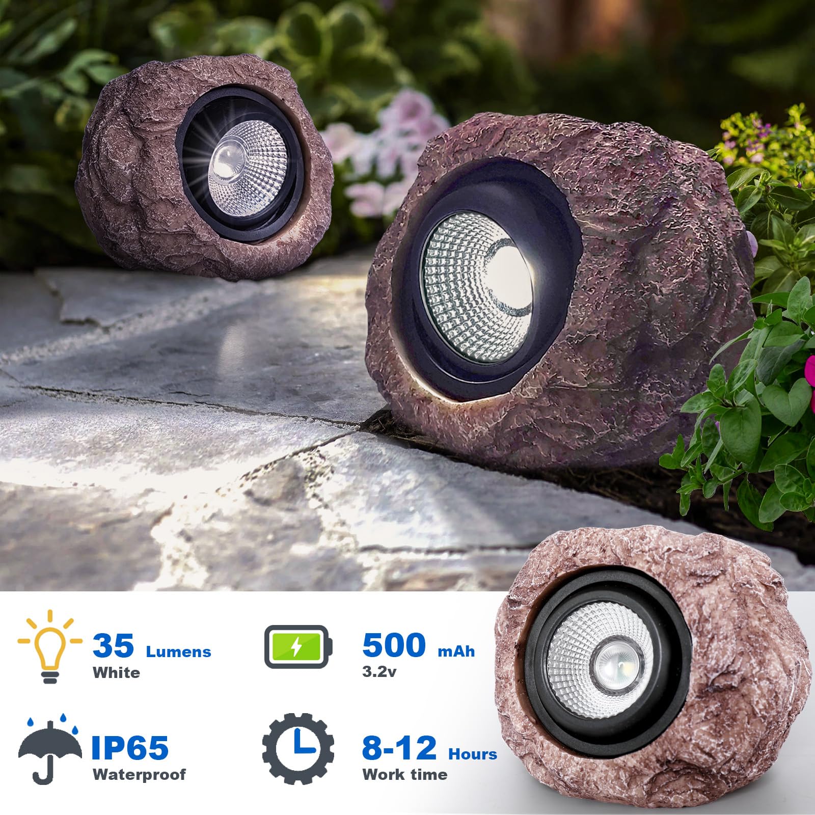 Cloud sakura Outdoor Solar Rock Light - 2 Pack, IP65 Waterproof LED Spotlight, Plastic, Super Bright, Garden Decorative Lights