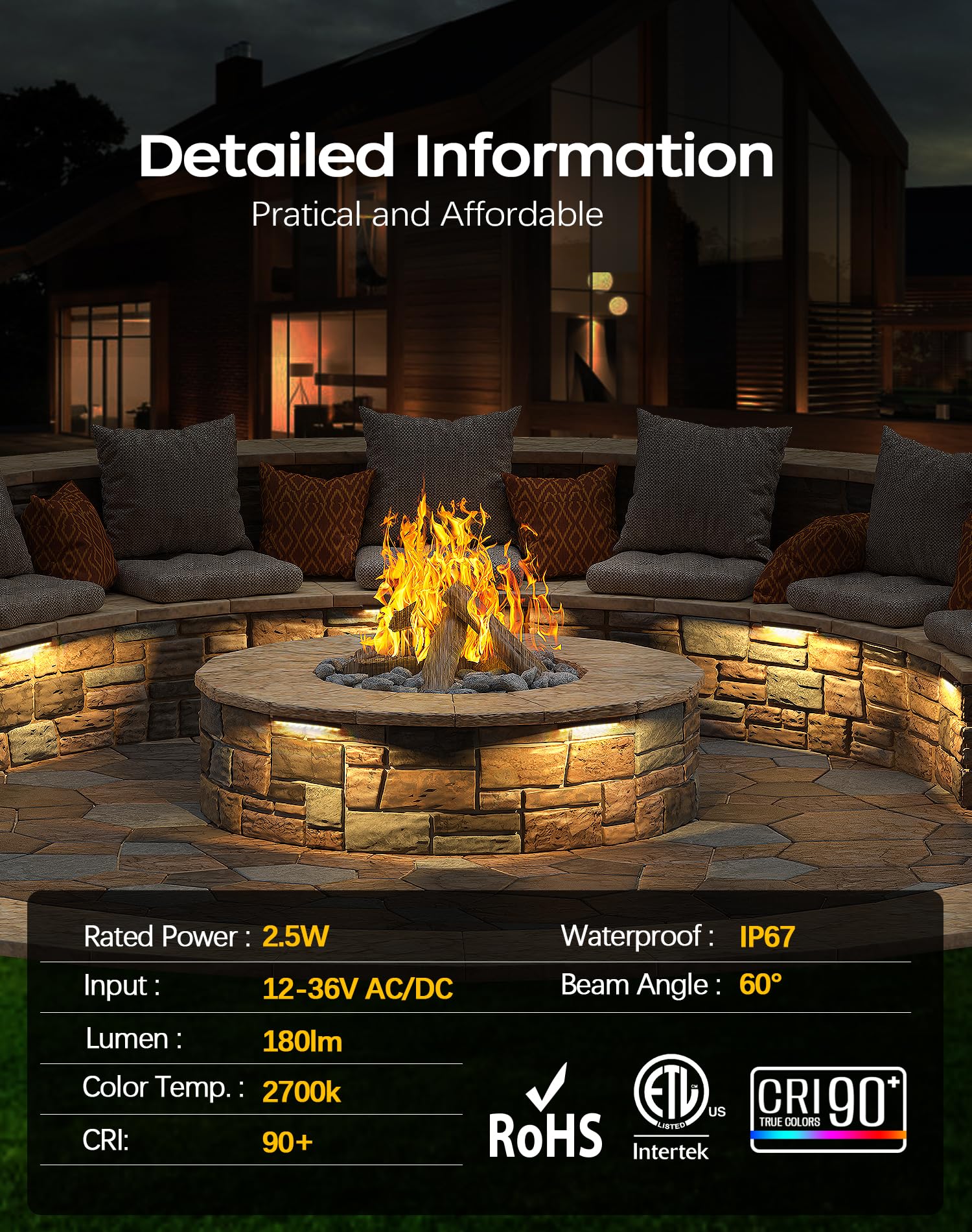 Kialush 1 Pack 7 Inch Landscape Lighting, 2.5W Hardscape Step Lights 12V-36V Ac/Dc, Low Voltage Outdoor Step Lights, Retaining W