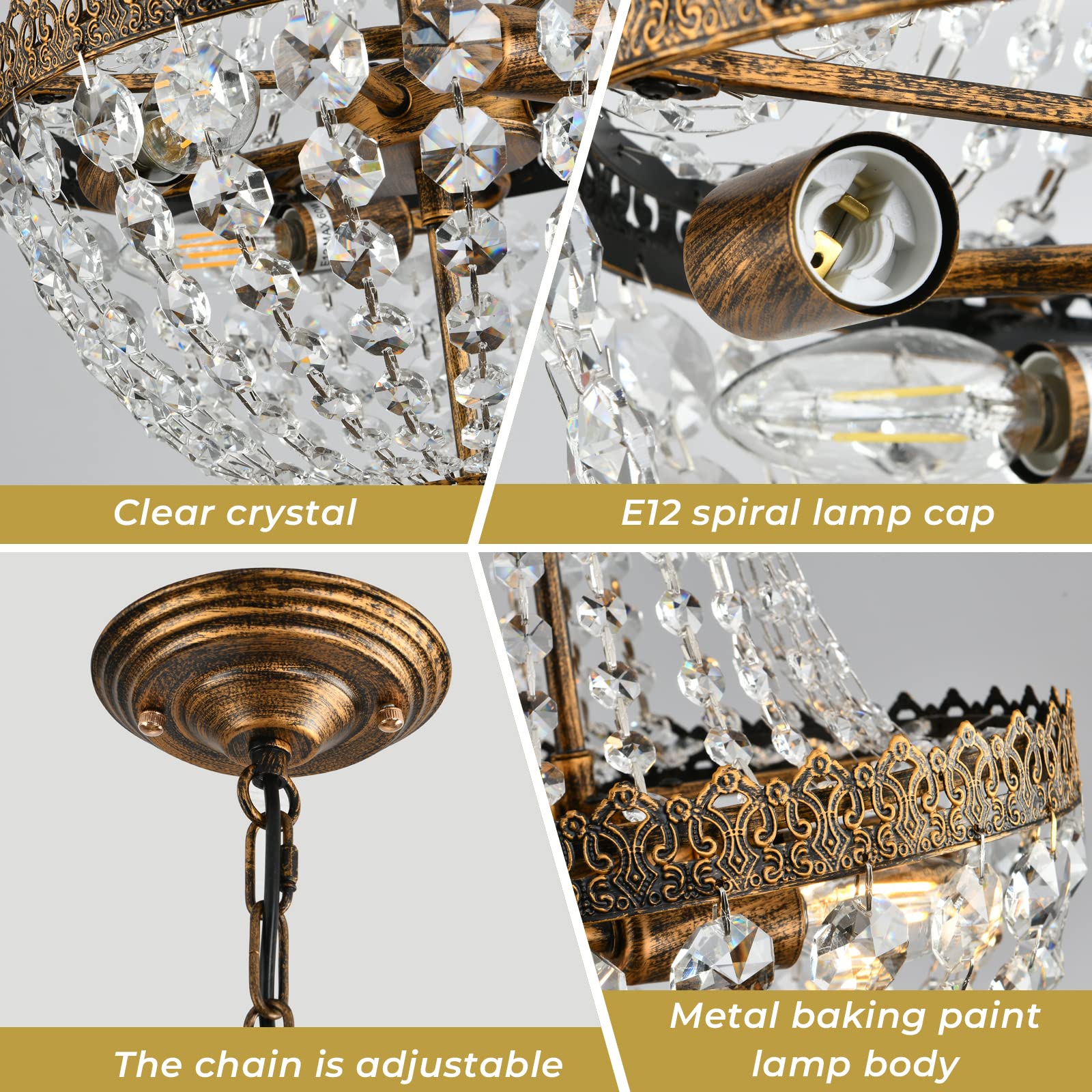 KAIQI Mini Crystal Chandelier, Bronze Metal Pendant Light, 19.7"H x 12.6"W, Ideal for Dining Room, Bedroom, Foyer, Model 8019/4