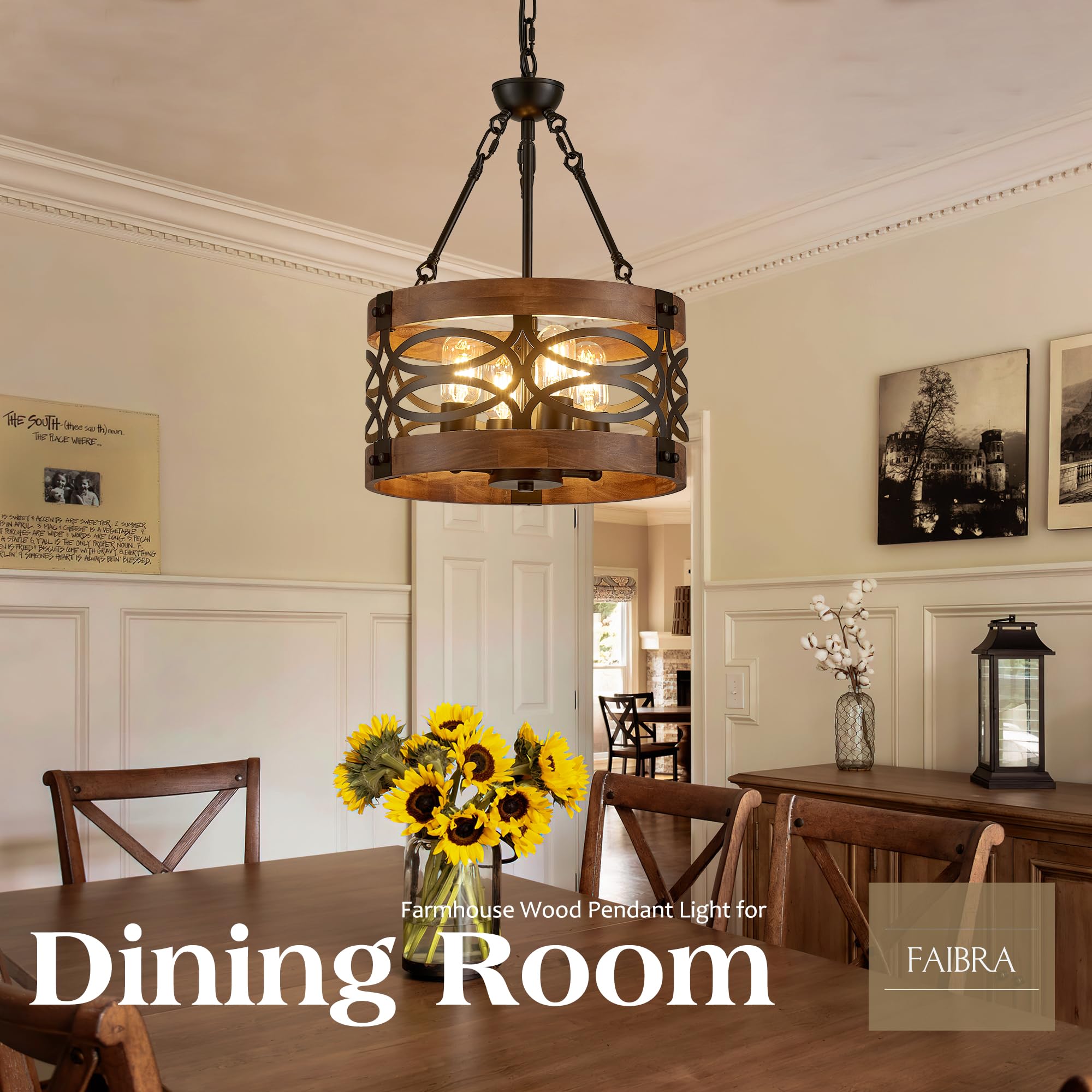 Faibra 4-Light Farmhouse Drum Wood Pendant Light 13.8'' Vintage Rustic Brown Oak Wood Chandeliers,Retro Industrial Hanging Light