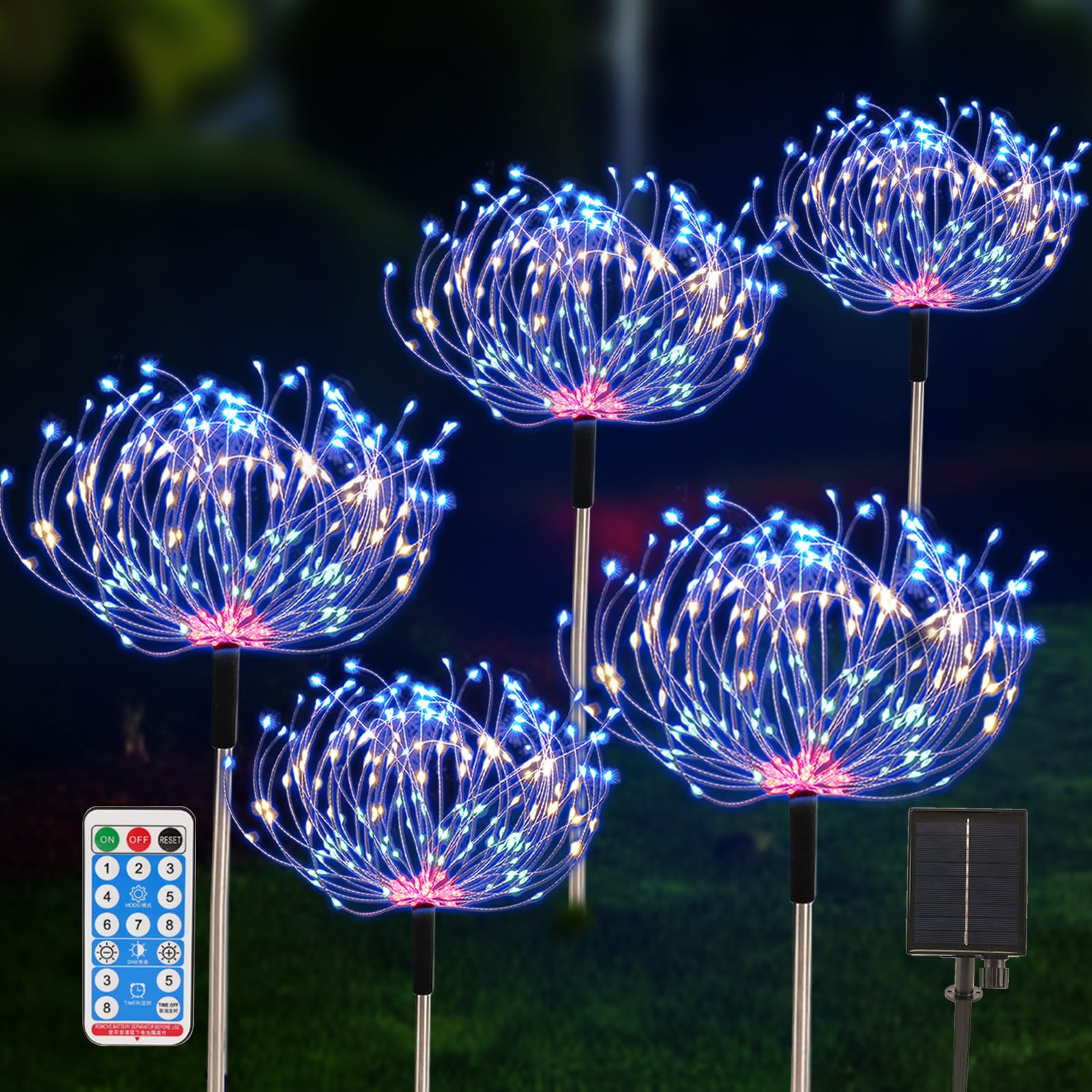 5 Pack Outdoor Solar Garden Lights, Solar Firework Lights 600 LED Waterproof Lamps Decorative, Fireworks Lamp 8 Modes Landscape 