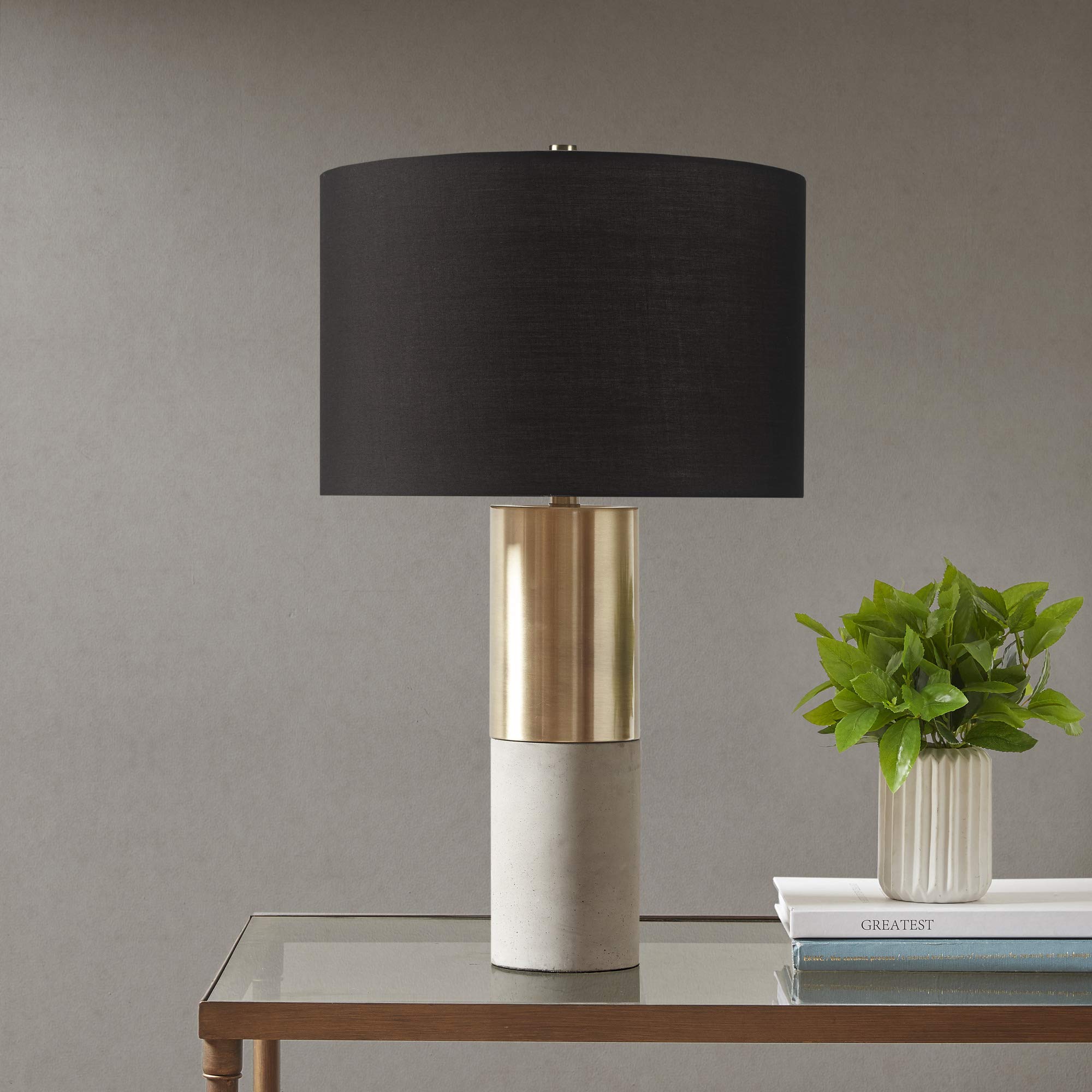 Hampton Hill Desk Lamp - Modern Luxe Gold/Black, 27.5 Tall, Fabric Drum Shade, Concrete Base, Model Mps153-0079