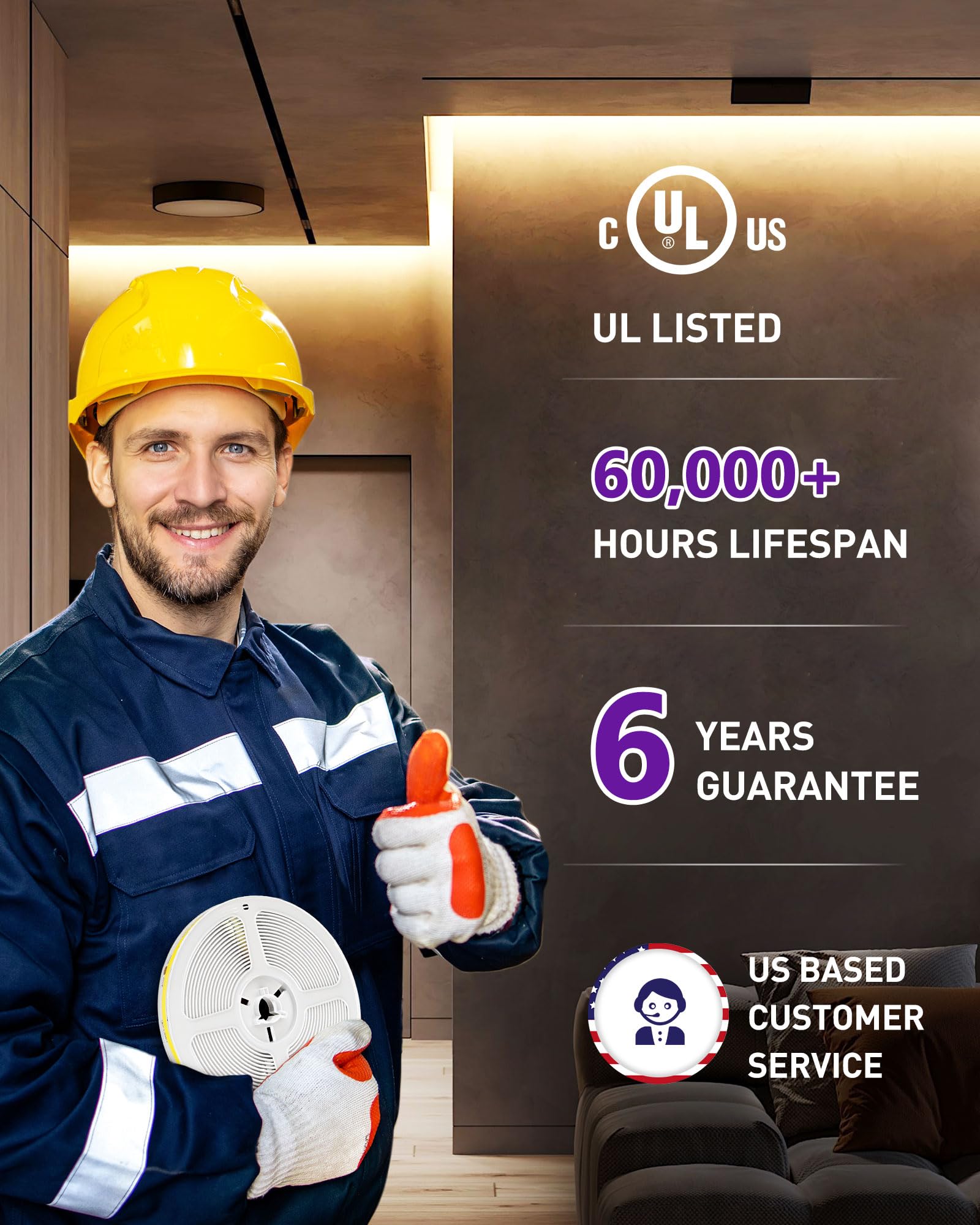 Hitlights Cob Led Strip Lights Warm White 3000K, 32.8Ft Premium High Density 24V Tape Light, 5120 Leds, 350+ Lm/Ft, Cri 90+, Ip3