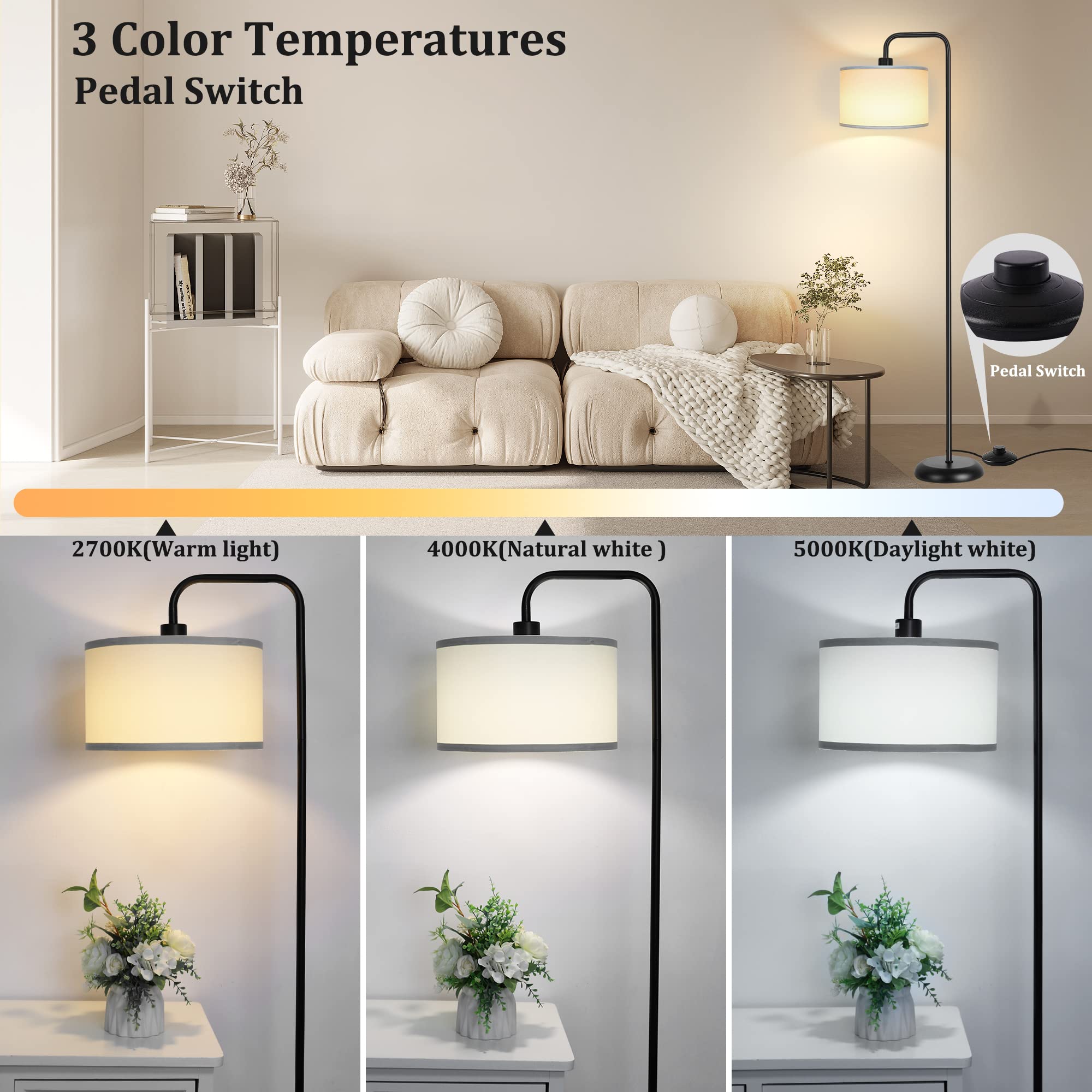 PARTPHONER LED Floor Lamp - 3 Color Temperatures, Foot Switch, Black, 9W Bulb Included, Modern Design for Living Room, Bedroom, Office