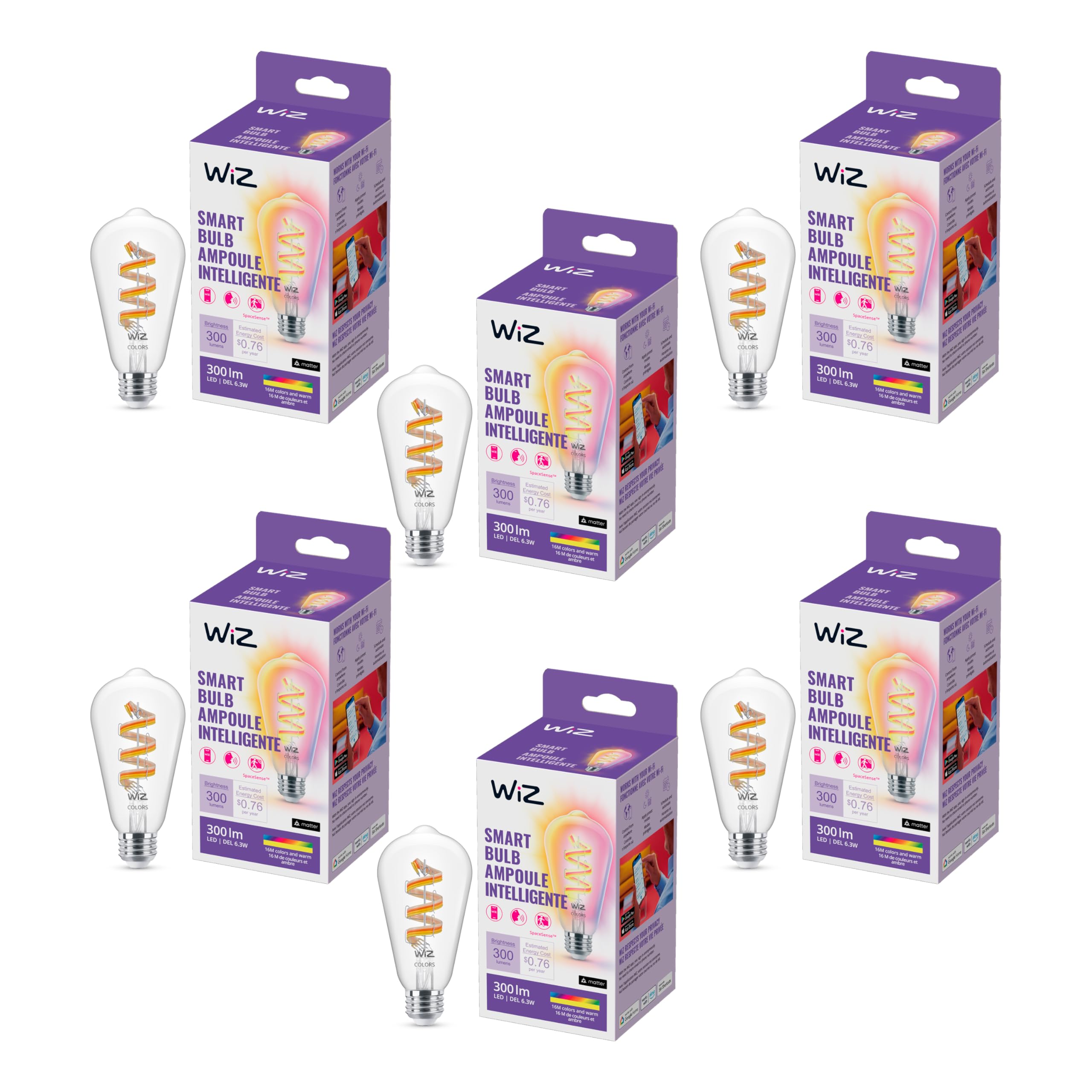 Wiz Color St19 Color Filament Led Smart Bulb - Pack Of 6-300 Lumen - E26 Indoor - Connects To Your Existing Wi-Fi - Control With