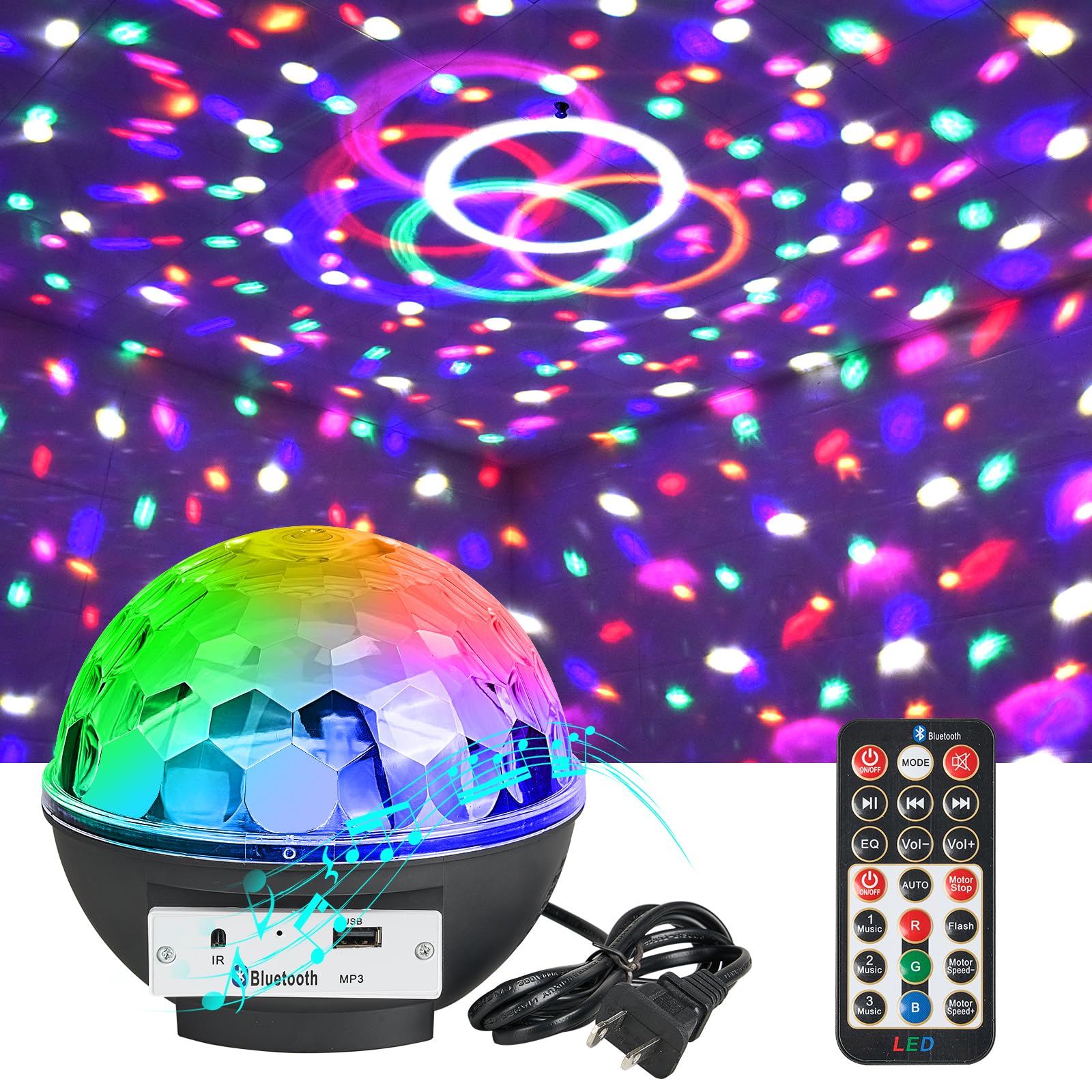 LLUOTE Disco Ball Light Speaker, Remote Control, 6 Colors, Large Size, ABS, Black, Model DSK-YXH for Parties & Decorations