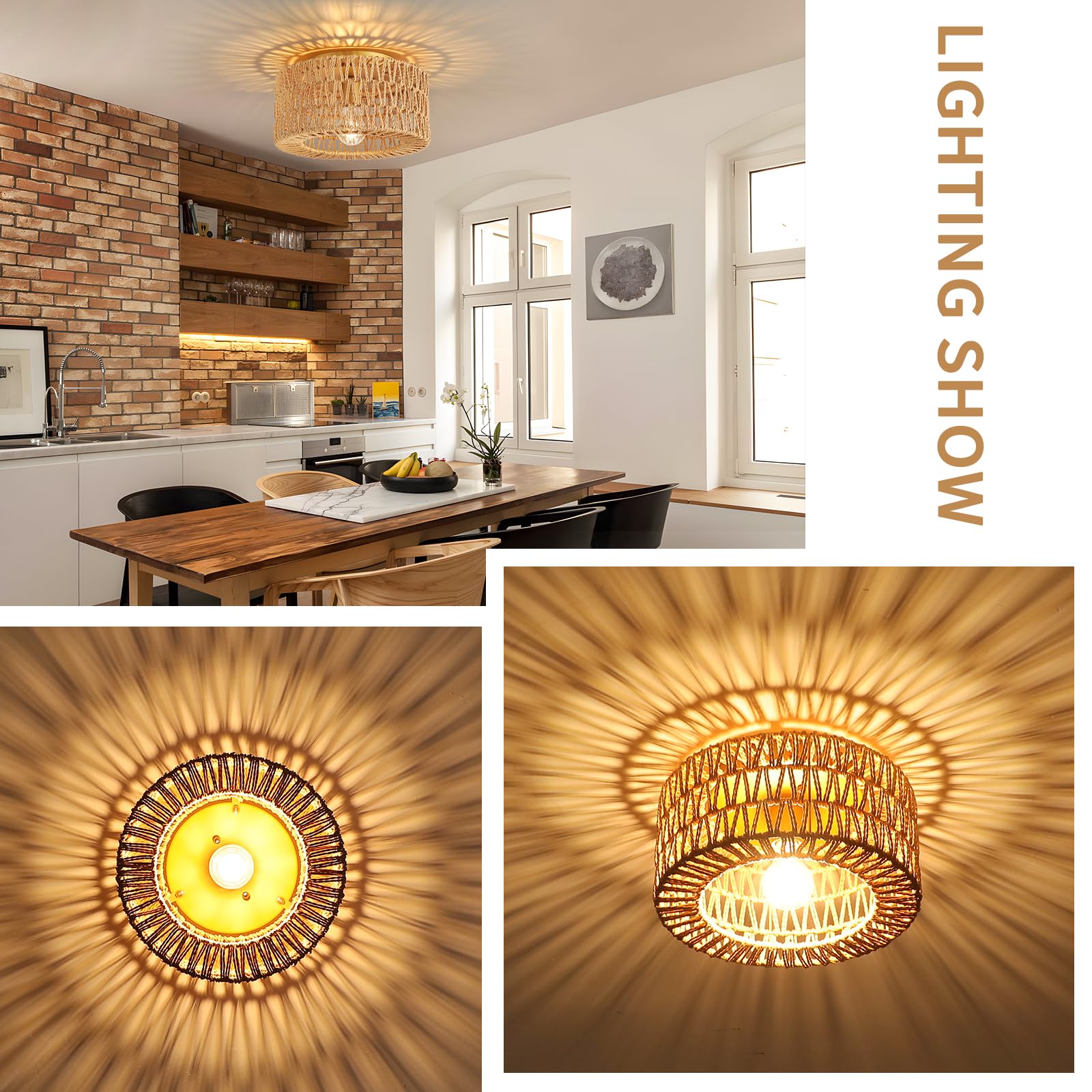 Foucasal Boho Flush Mount Light Fixture, Coastal Ceiling Light Fixtures Woven Rattan Chandelier For Hallway Bedroom Kitchen Entr