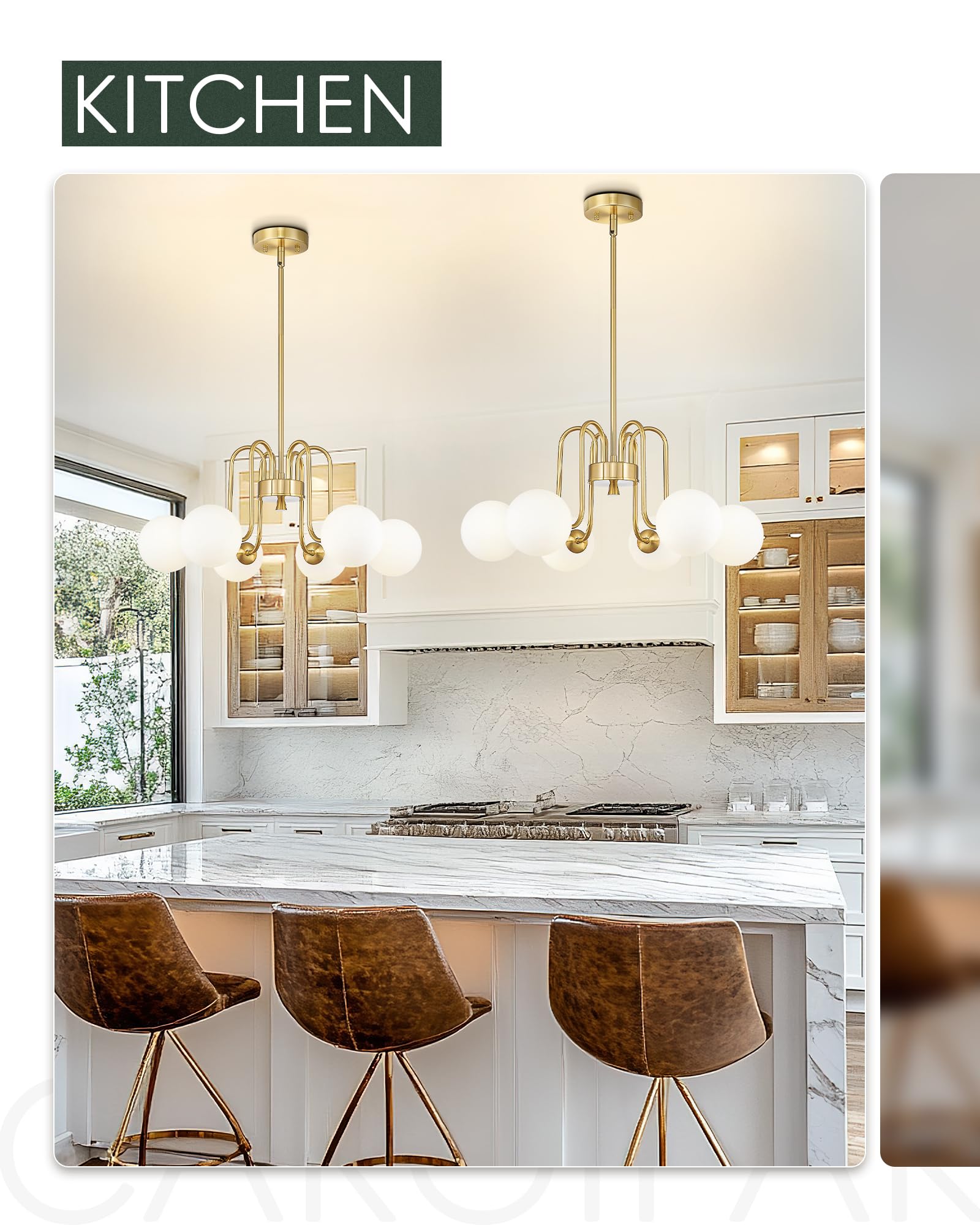 Cargifak Gold Chandelier With Frosted Glass Globe, 6-Light Modern Pendant Light For Kitchen, Bedroom, Hallway, Living Room,Ckpl4