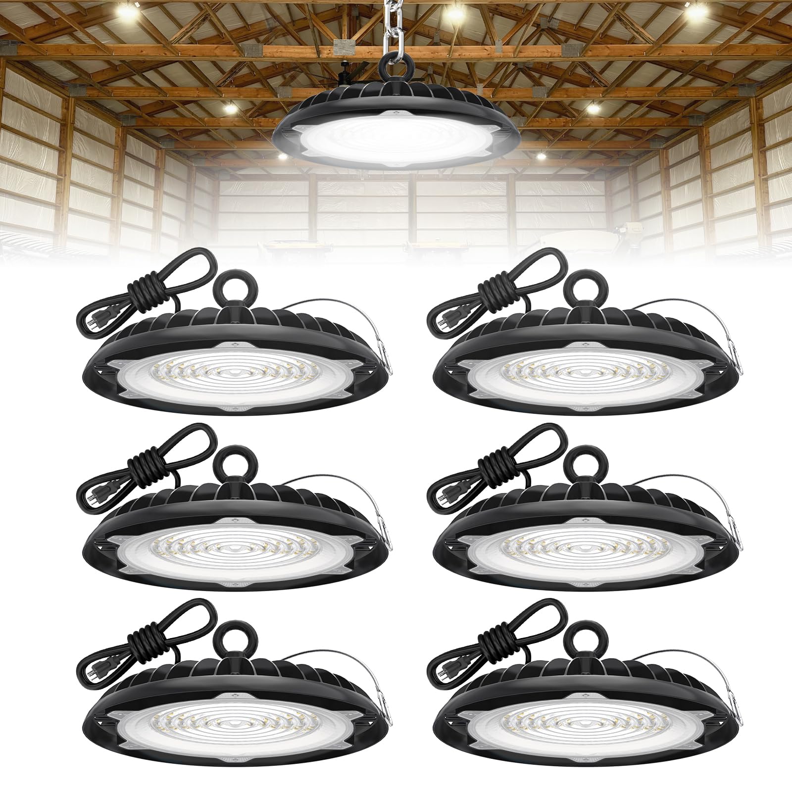 HYPERLITE UFO LED High Bay Light: 150W 19500LM High Bay LED Shop Lights with 6ft Plug - 6000K IP65 LED Warehouse Lights for Workshop Stadium Garage Lighting 6-Pack