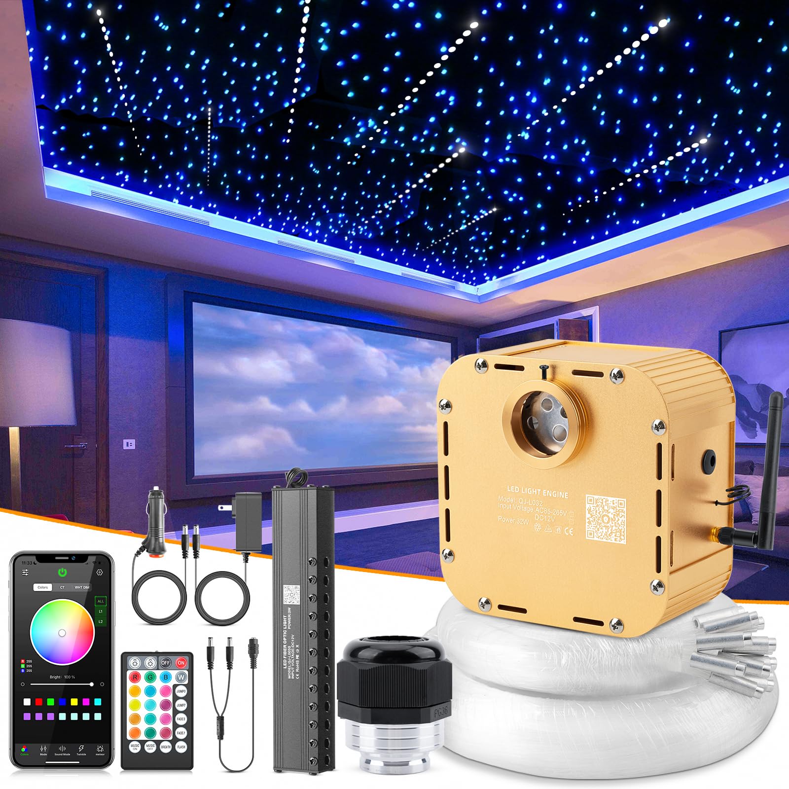 SUNKENET Meteor RGBW Twinkle LED Fiber Optic Lights Kit, 32W, 1000pcs 0.03in x 13.1ft, Pure White/RGB,