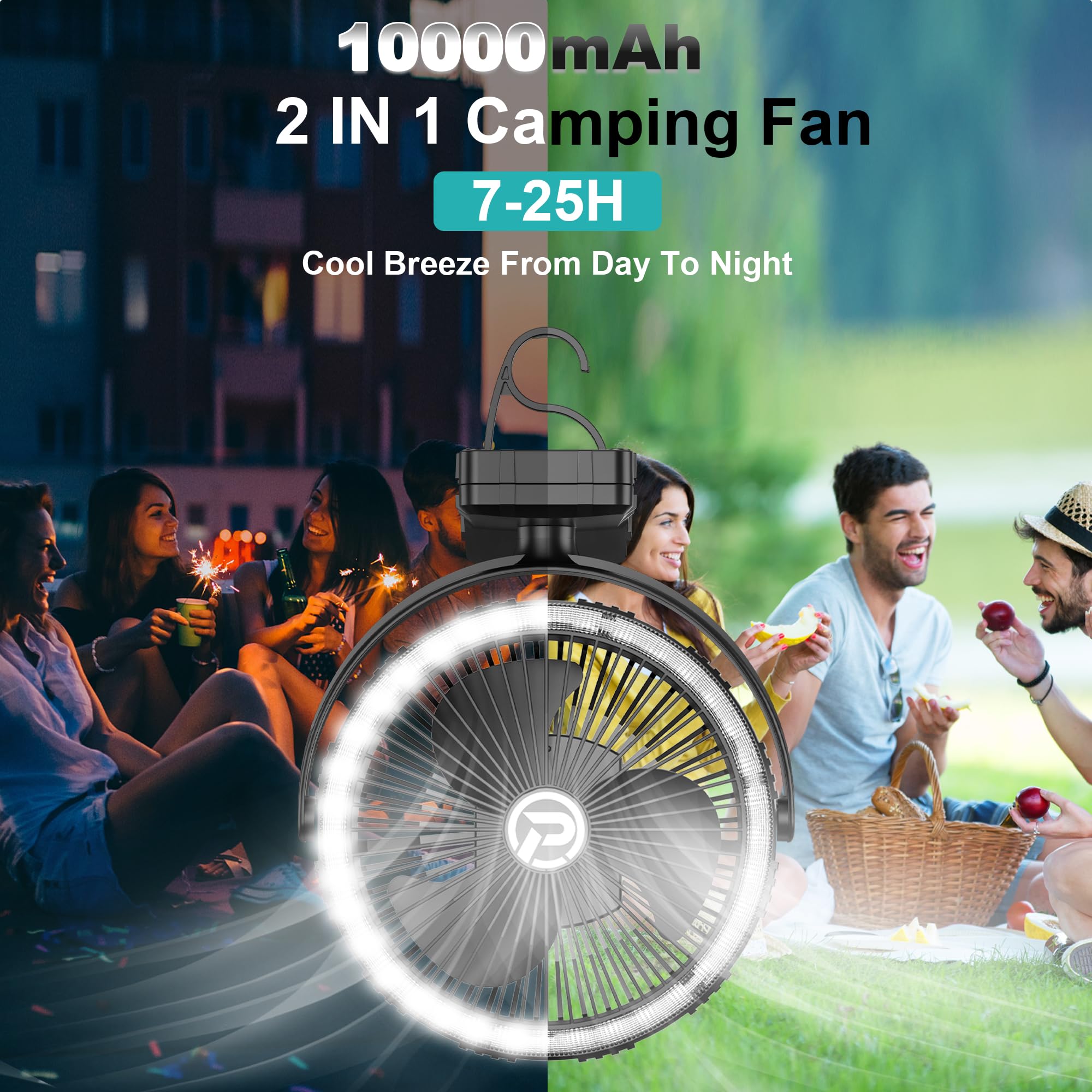 8-Inch Portable Camping Fan with Light, 10000mAh Rechargeable Battery Operated, 3 Speeds Cordless Clip on Table Fan with Hook &