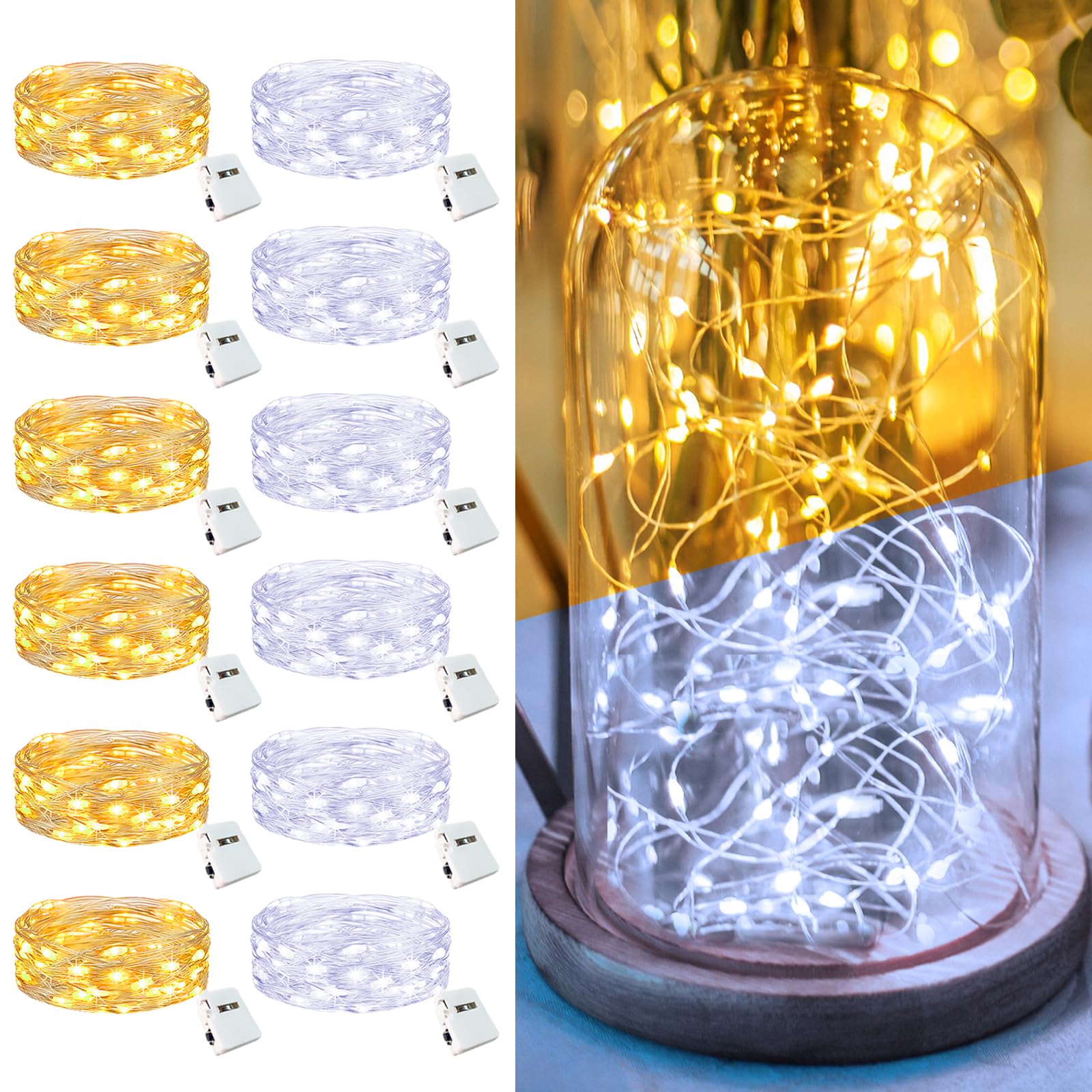 Fairdeer 12 Pack Fairy Lights Battery Operated - 7ft 20 Led Twinkle Lights 3 Modes  Bulk Mini String Lights Waterproof for Mason Jars Vases DIY Party Wedding -Warm White & Cold White