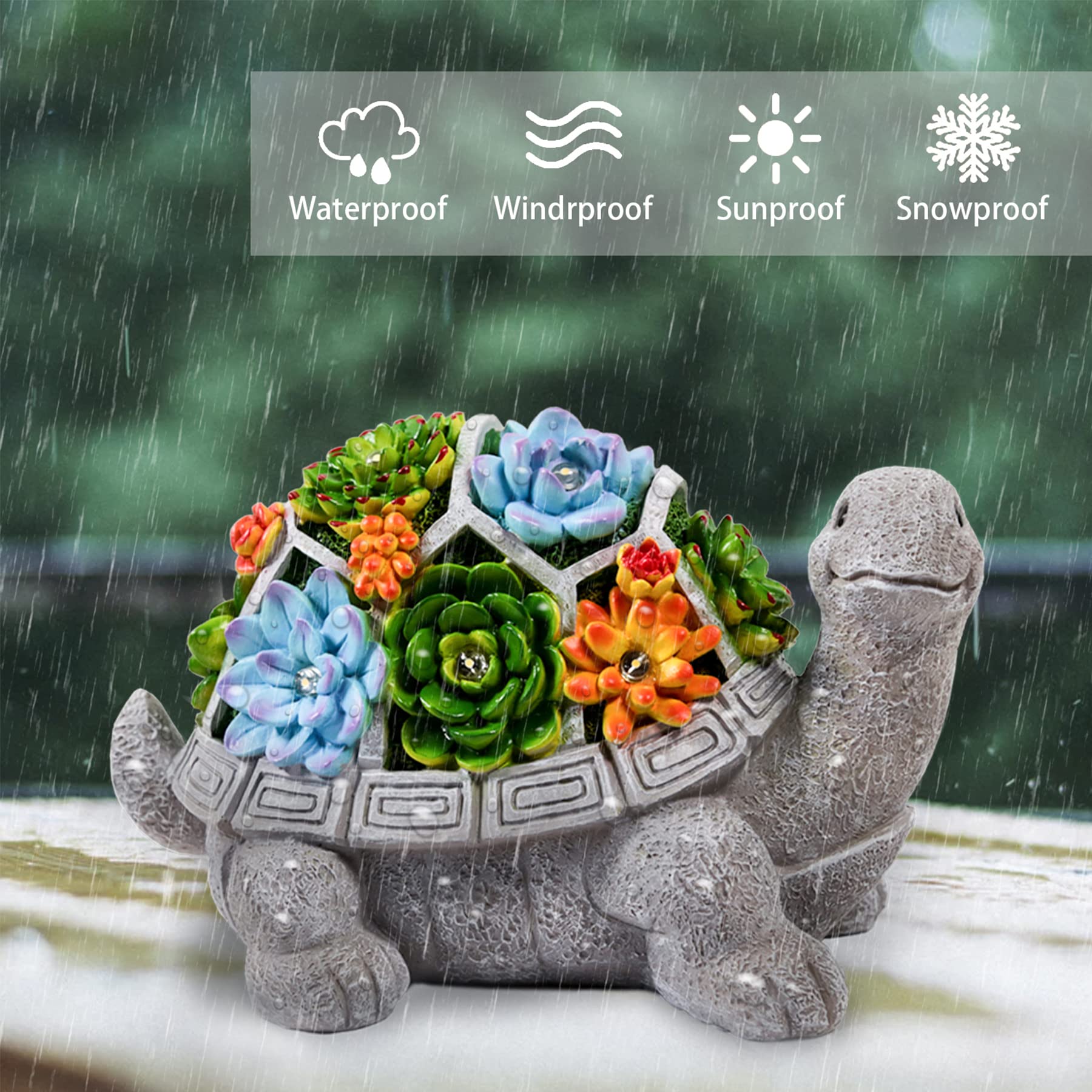 LESES Turtle Garden Statue with 7 LED Lights, Resin, 9inD x 5inW x 6inH, Multicolor Outdoor Decor for Patio and Yard