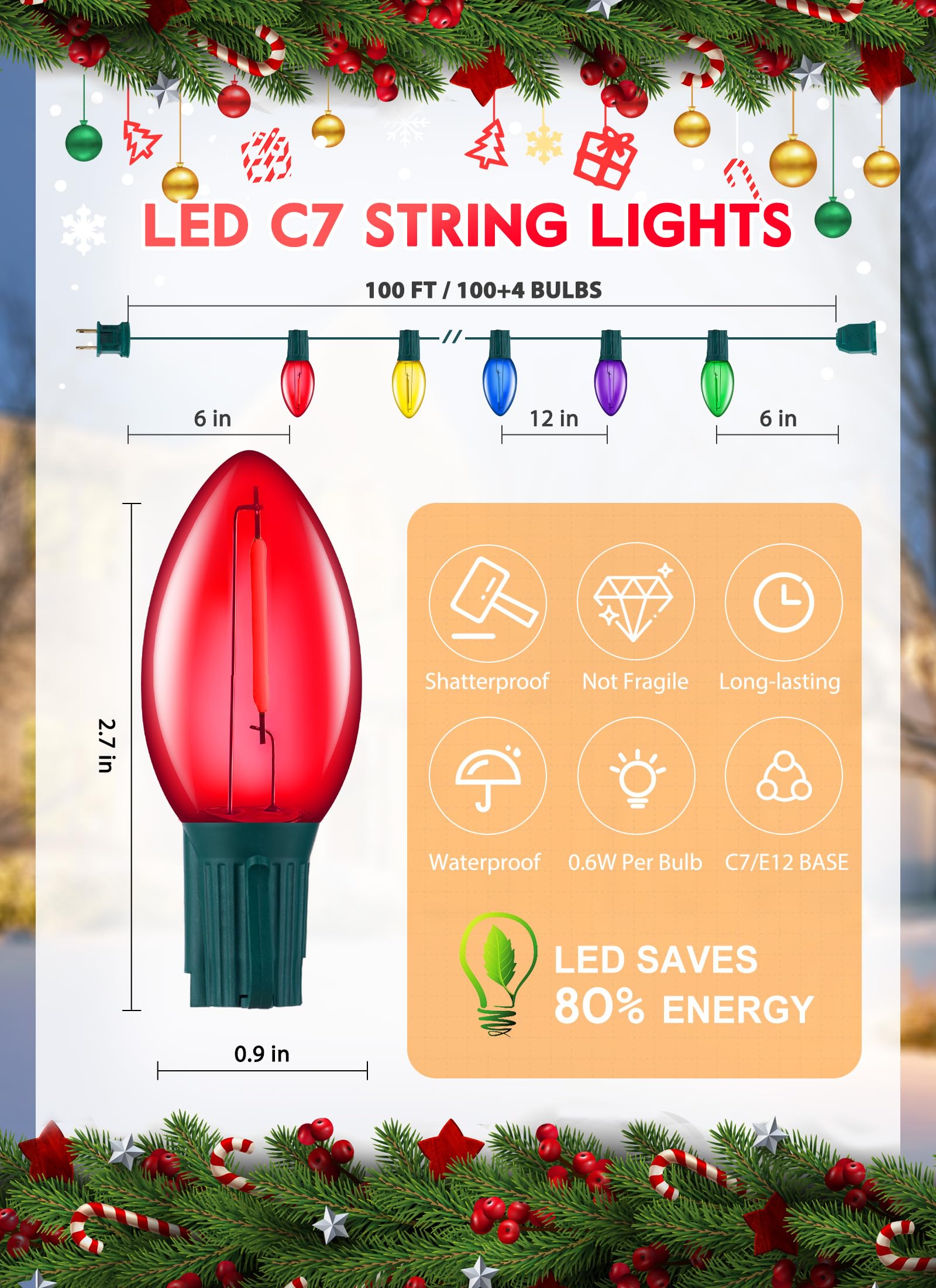 Multicolor C7 Led Christmas String Lights, 100Ft C7 Vintage Christmas Lights With 104 Bulbs(4 Spare), Commercial Connectable Chr