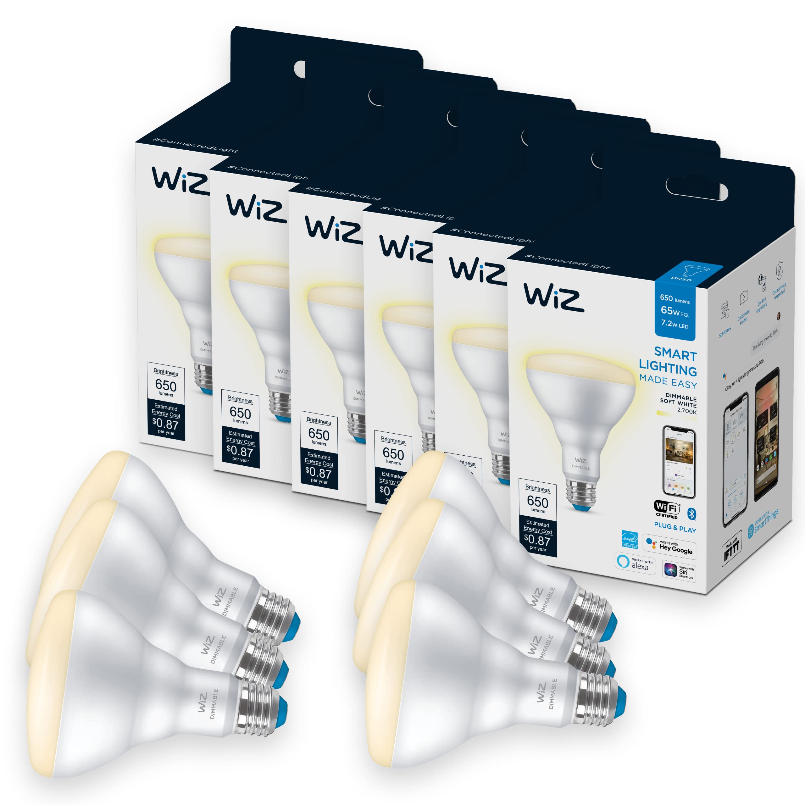 WiZ 65W BR30 Soft White LED Smart Bulb - Pack of 6 - E26, Indoor - Connects to Your Existing Wi-Fi - Control with Voice or App +