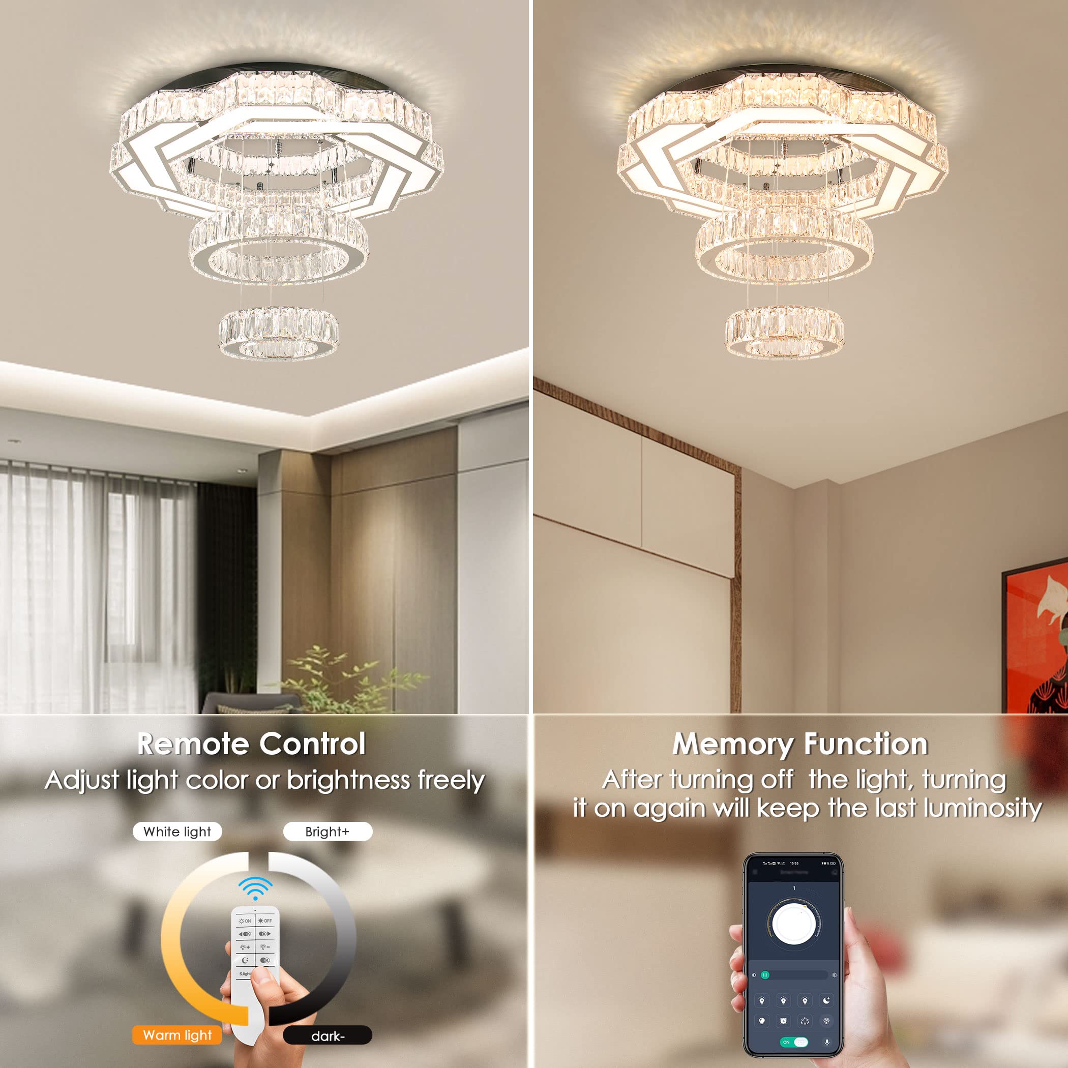 xychfantligh Modern Crystal Chandelier 22.5" Dimmable LED Flush Mount Pendant Light for Living Room, Bedroom, Dining Room, Entryway