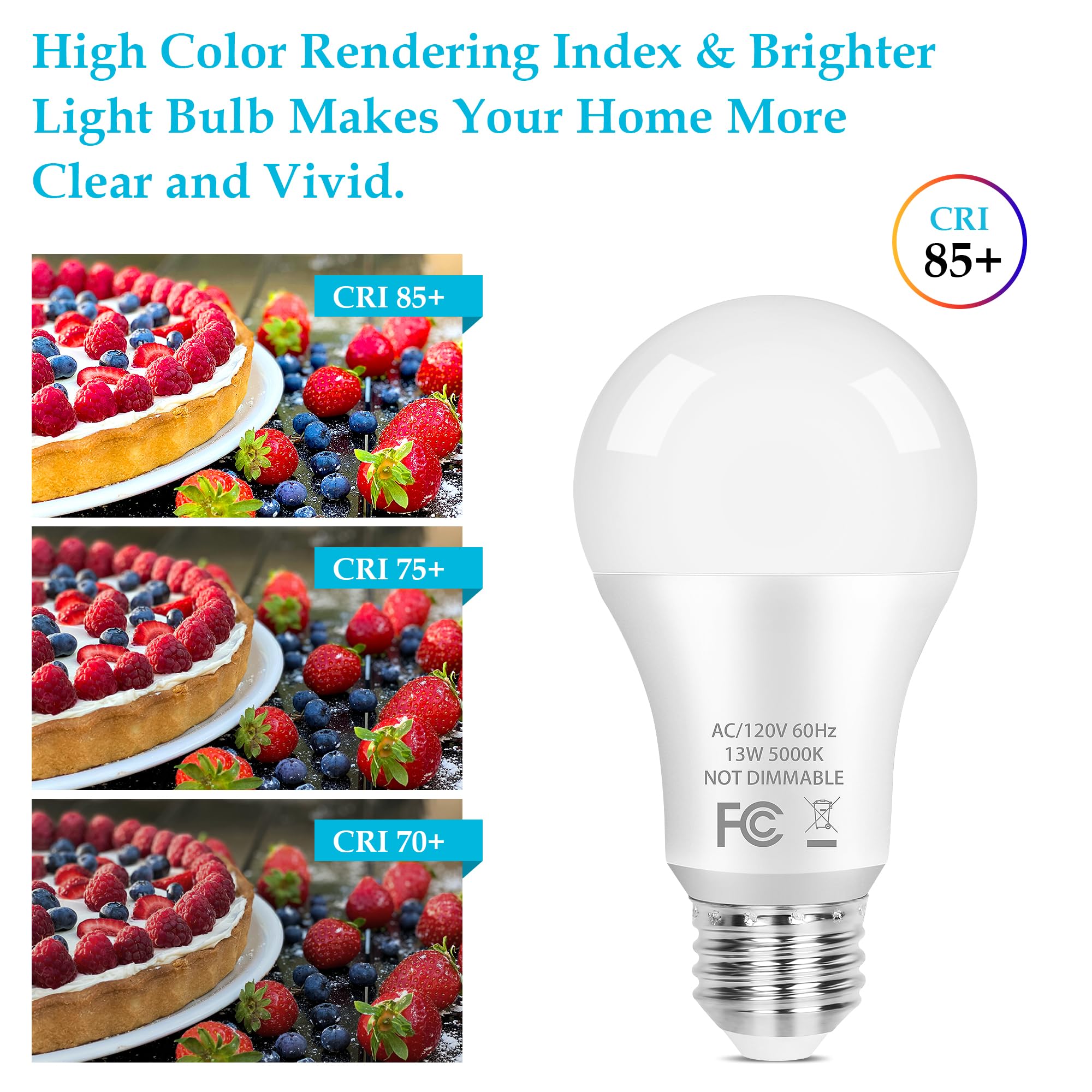 Partphoner A19 Led Light Bulb, 100 Watt Equivalent Led Bulbs, 13W Daylight White 5000K, 1500Lm, E26 Standard Base Non-Dimmable W