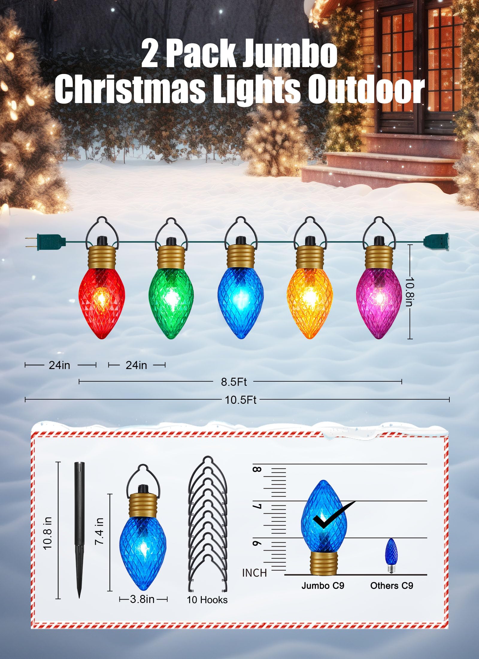 Minetom C7 Christmas Jumbo Lights 10.5ft 2 Pack Multicolor Bulb Outdoor Pathway Decorations