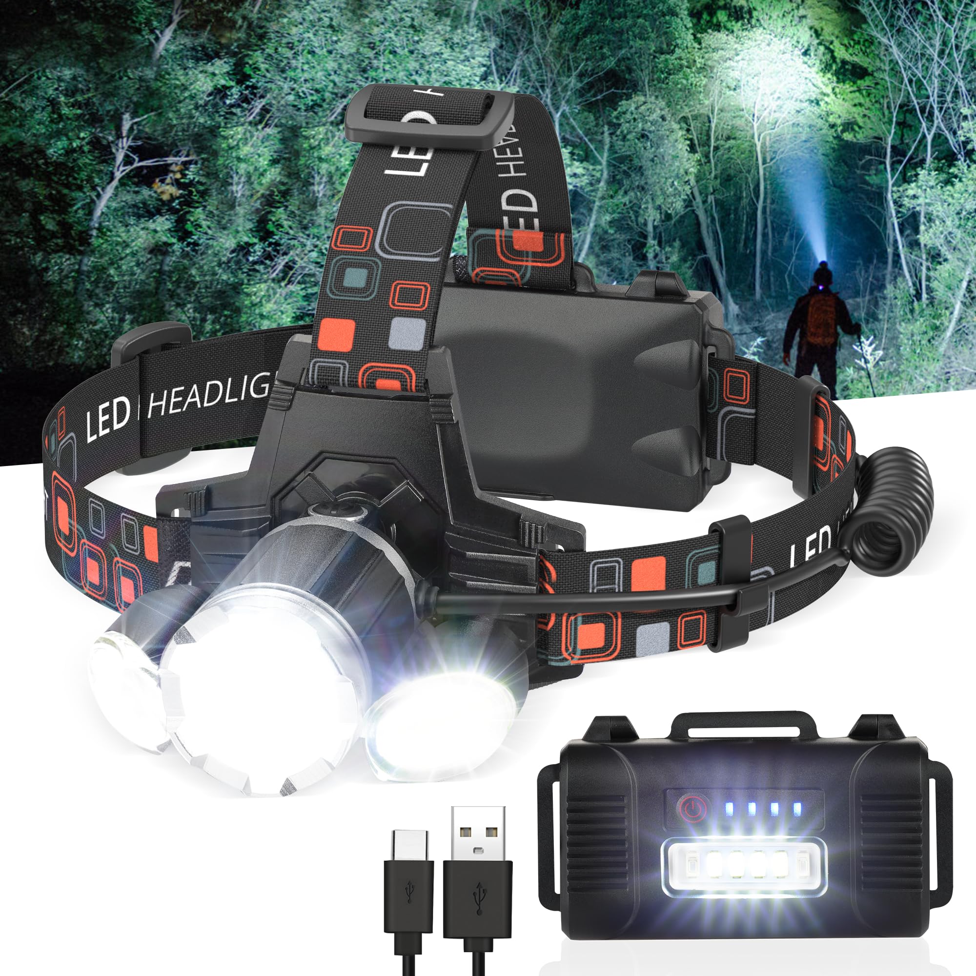 Bobkid Rechargeable Headlamp, 1500 Lumen Head Lamp, Super Bright Led Head Light Camping Accessories With Red Light, 4 Modes Usb 
