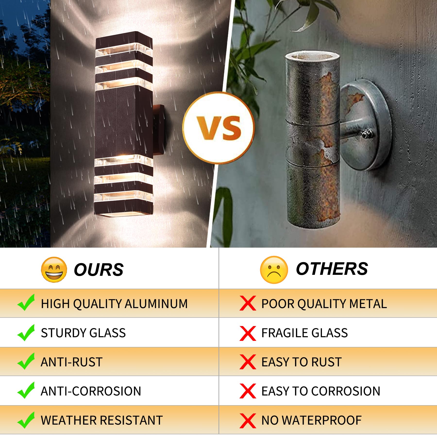 Tewei Outdoor Wall Lights 2 Pack - Modern Waterproof Aluminum Up & Down Porch Sconces, Brown