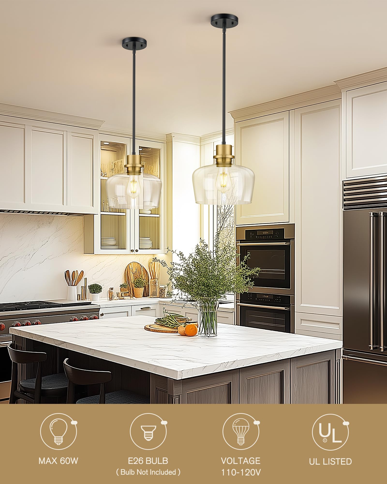 Emak 2 Pack Black Gold Pendant Lights Kitchen Island, Modern 8 Inch Clear Glass Pendant Light, Farmhouse Island Lights For Kitch