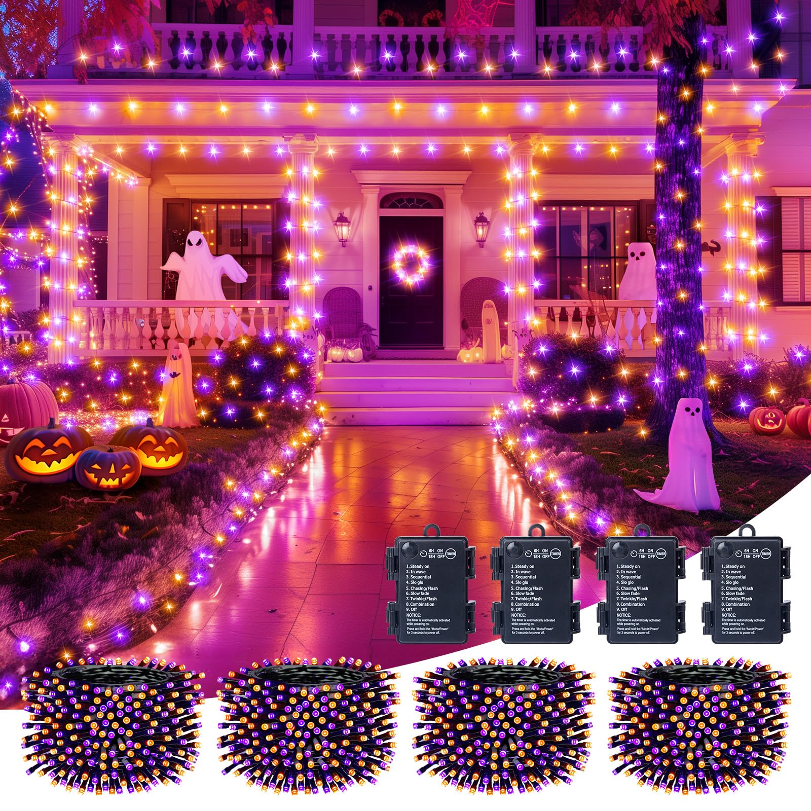 Brightown Halloween String Lights, 66FT 200 LED, Battery Operated, Waterproof, Timer, 4 Pack, Orange & Purple