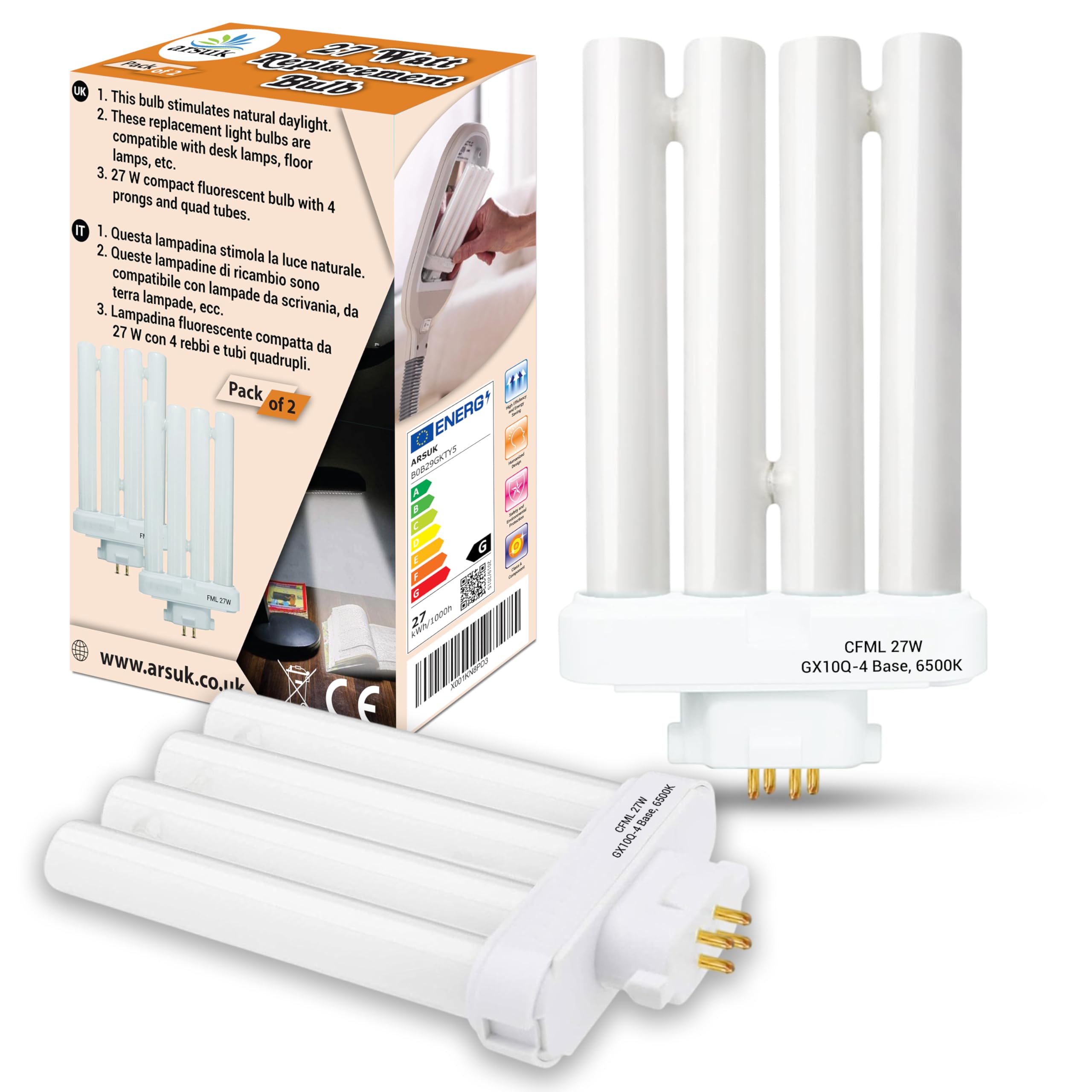 ARSUK 2 Pack 27-Watt 6500K Daylight Compact Fluorescent Light Bulbs with Quad Tubes, 4-Pin GX10Q-4 Base FML27 CFL Lamp for Desk,