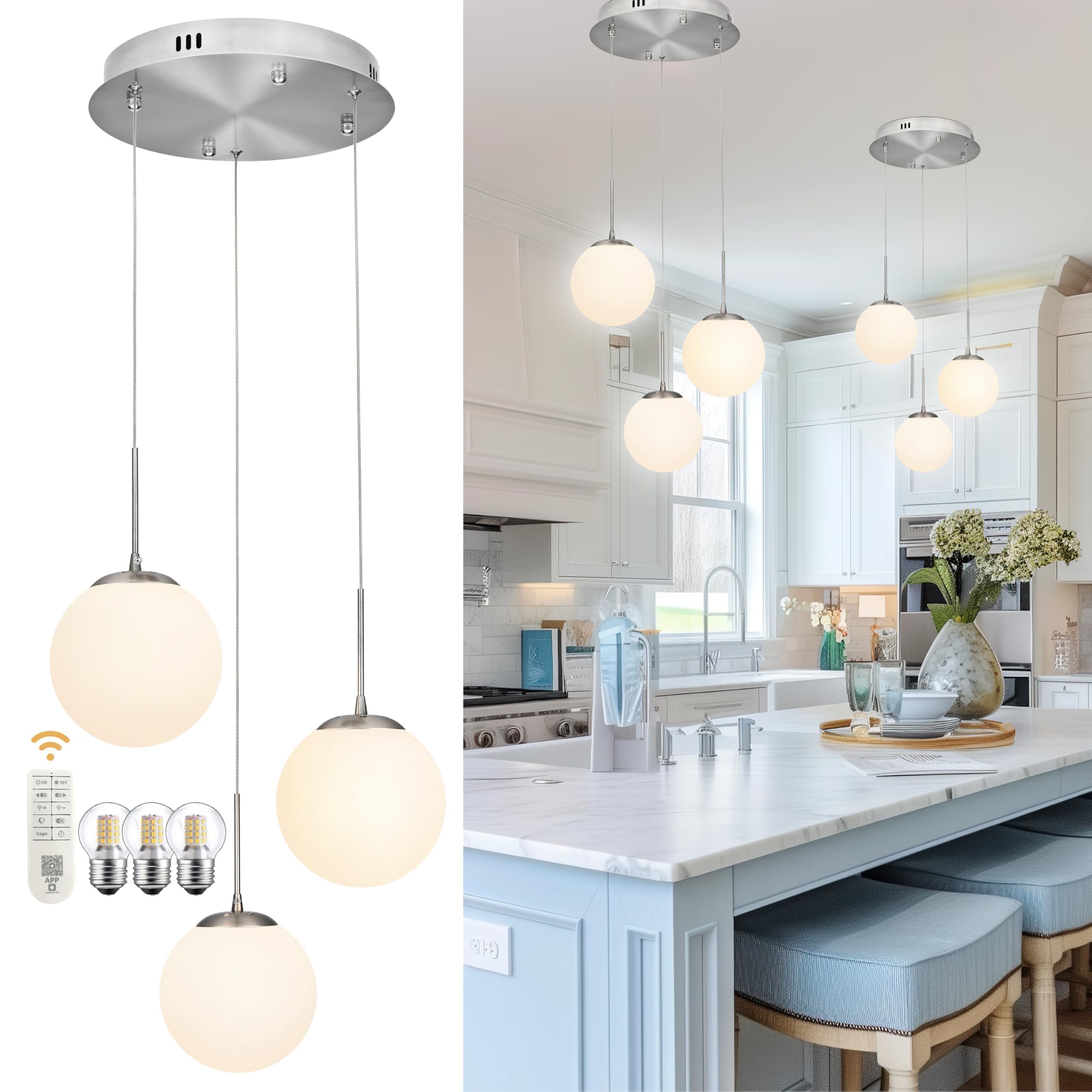 Koko&Yukina 3-Light Globe Glass Pendant Light Modern Nickel Glass Chandelier Adjustable Length Pendant Lights Fixtures With Milk