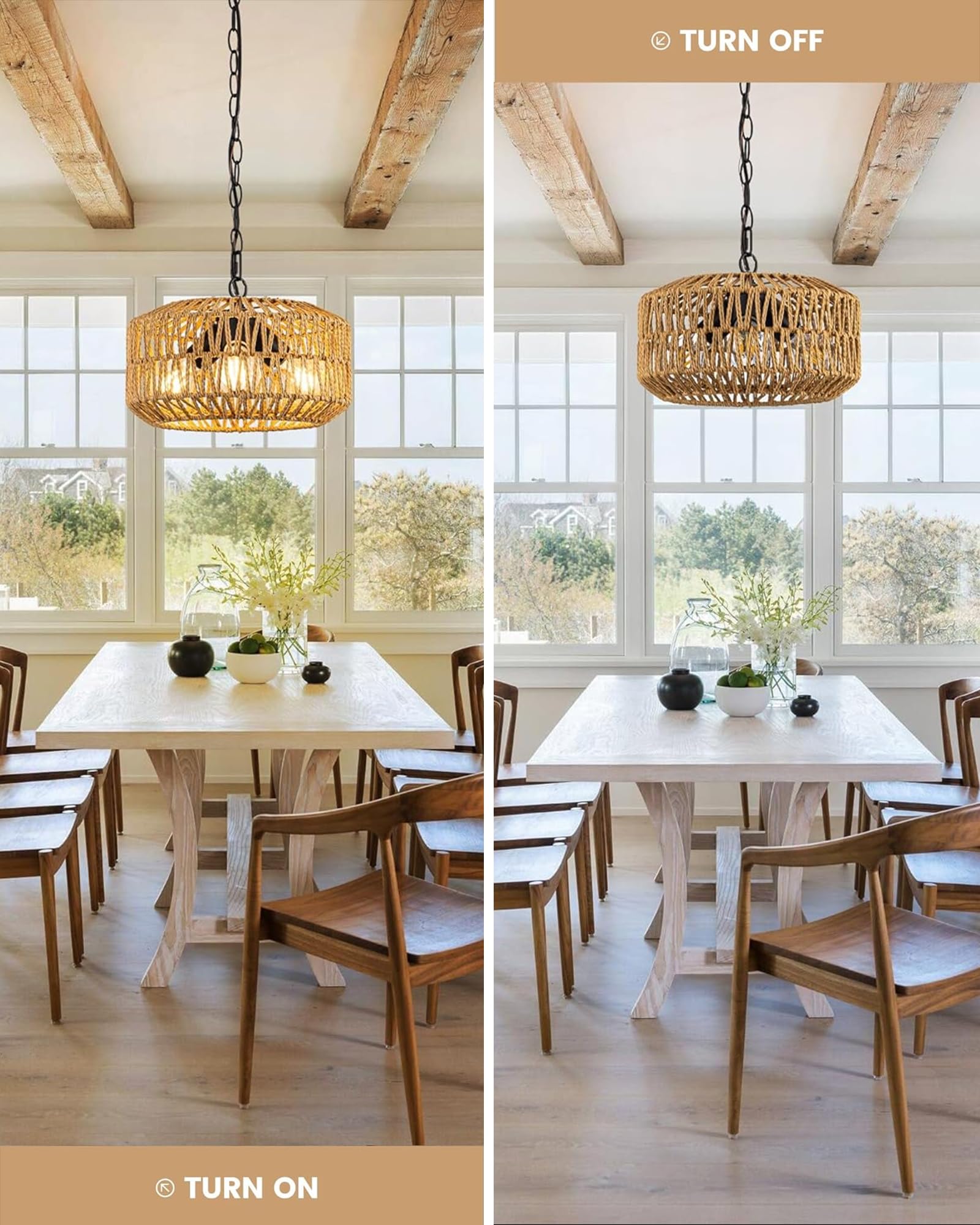 Leip 11.8'' Boho Rattan Chandelier, 3-Light Farmhouse Pendant Light For Kitchen Island, Dining Room, Living Room, Adjustable Han