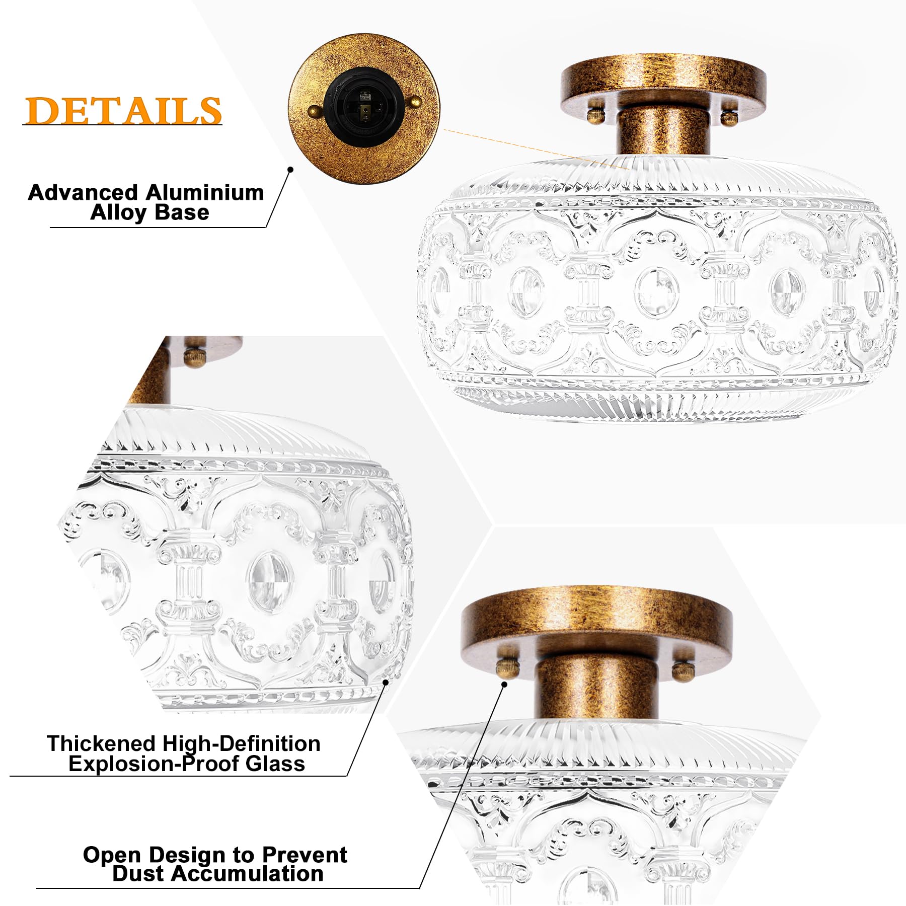 Oykyohei Antique Bronze Semi Flush Mount Ceiling Light With Globe Glass For Hallway & Bedroom