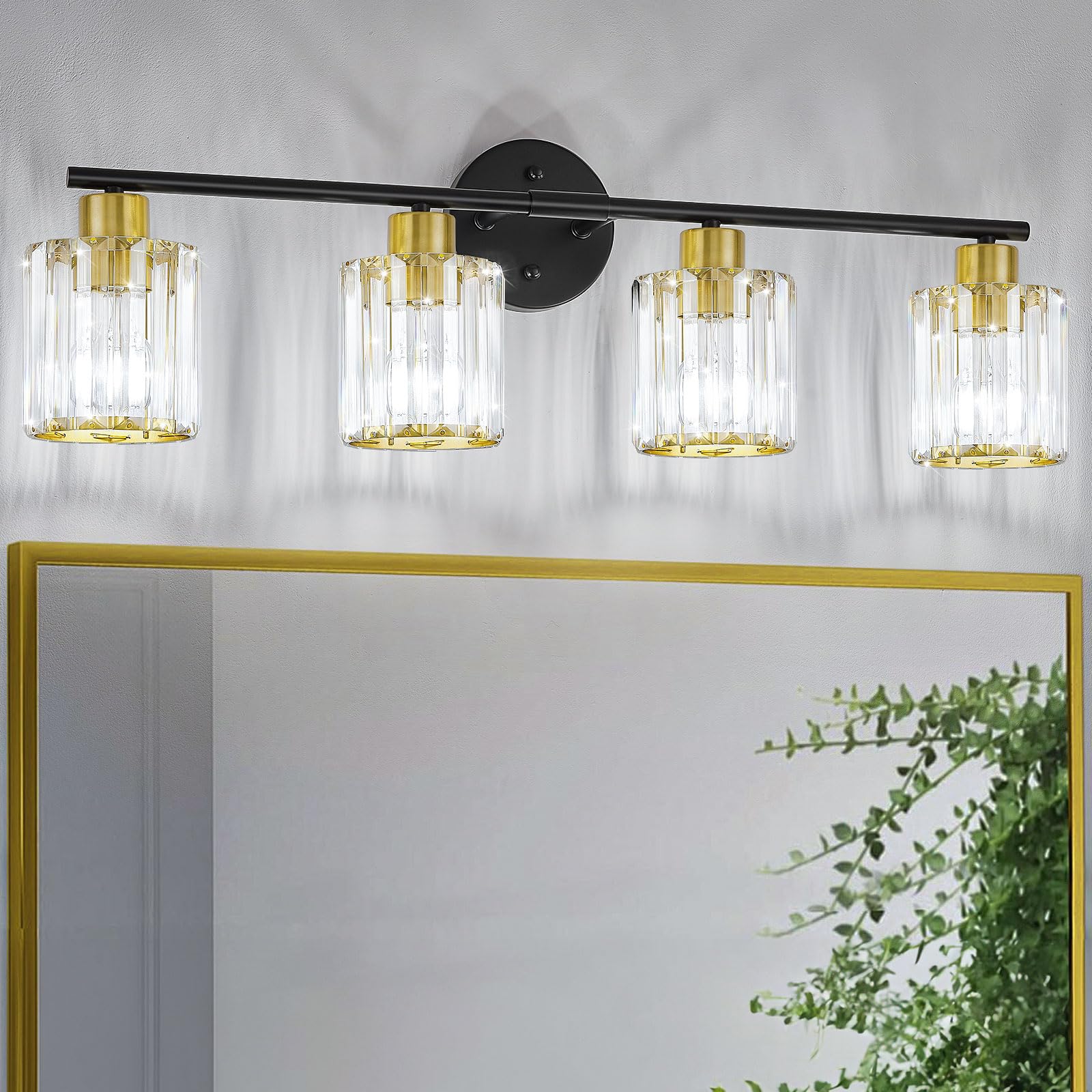 Kvhiiw Crystal Bathroom Light Fixtures, Bathroom Lighting Fixtures Over Mirror, Modern Black Gold 4-Light Vanity Lights for Mirr