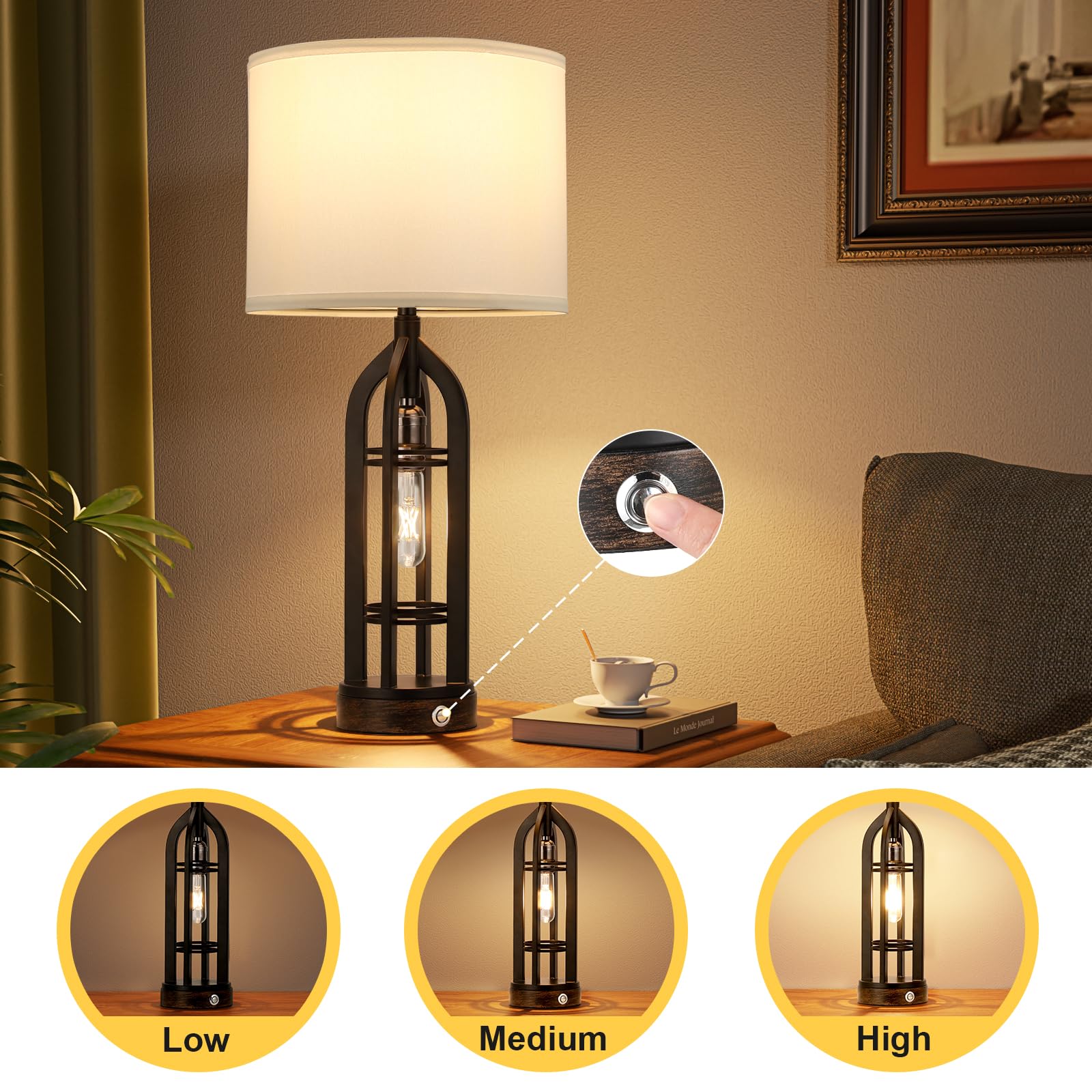 Seealle Table Lamp Set of 2 - 3-Way Dimmable Touch Lamps with USB C+A & Outlet, White Shade & Black Body, Model 09162