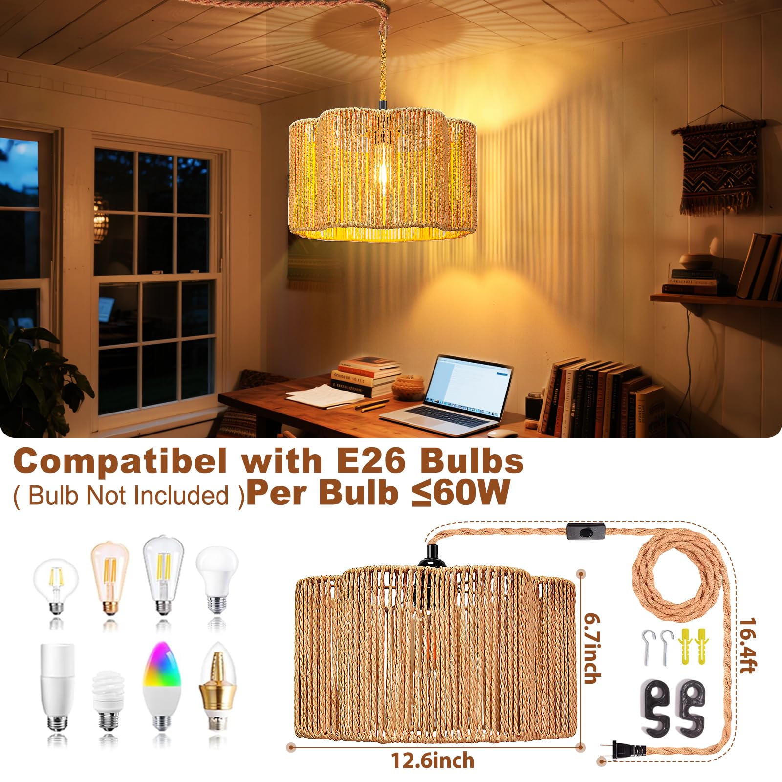 Hanging Lamps Rattan Pendant Light Hanging Lights 16.4Ft Plug In Cord Pendant Light Fixture Plug Into Wall Outlet Pendant Lighting With On Off Switch For Bedroom Living (Cylindrical Flower Shade)