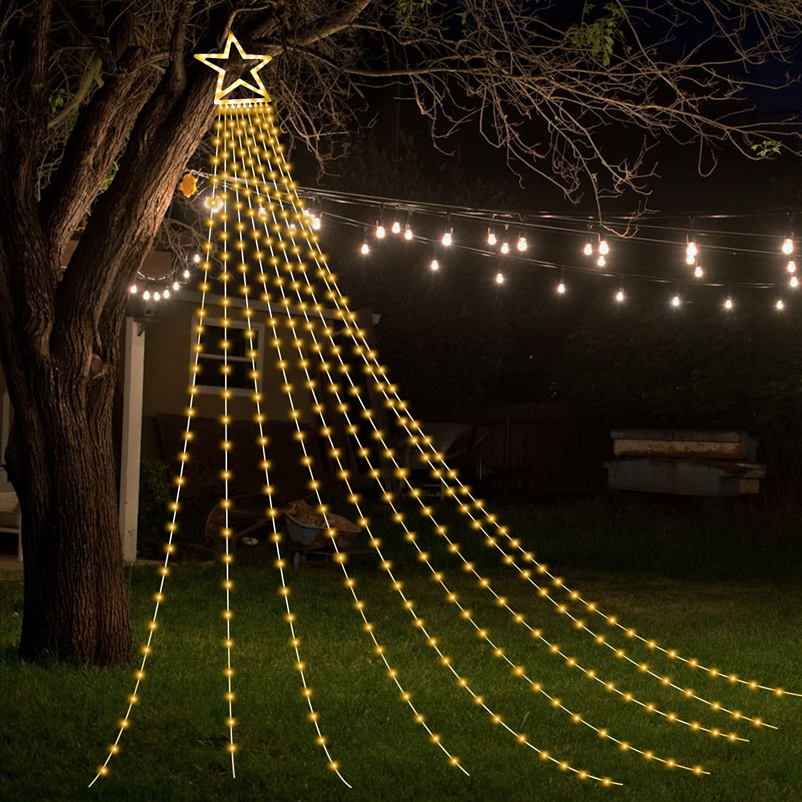 Ztx Christmas Decorations Outdoor Star Lights,11Ft Christmas Tree Toppers Lights, 8 Lighting Modes Waterfall Christma String Lig