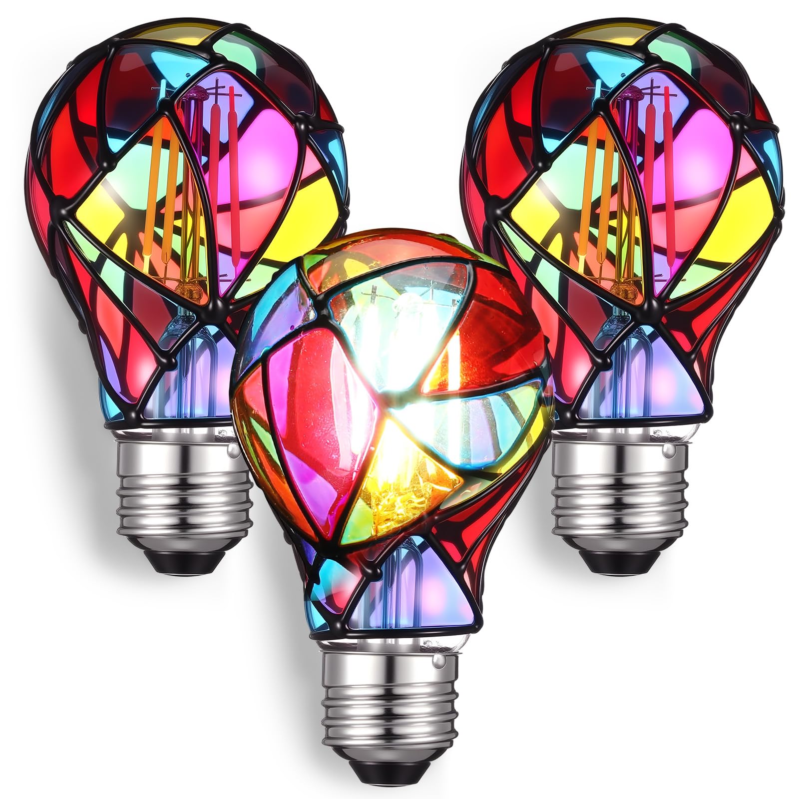 Grinsvalley 3 Pcs Stained Glass Light Bulb Indoor, 4w 120v E26 Base A19 Colorful Stained Glass Light Bulbs for Christmas Decorat