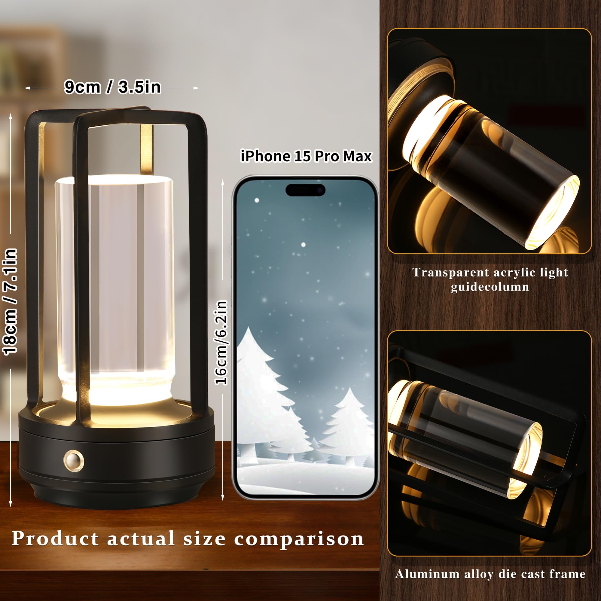Anxingtools Portable Metal Table Lamp - Cordless LED Desk Lamp, 3 Color Dimming, 3.54x3.54x7.08 inches, Rechargeable, Black, Model AN
