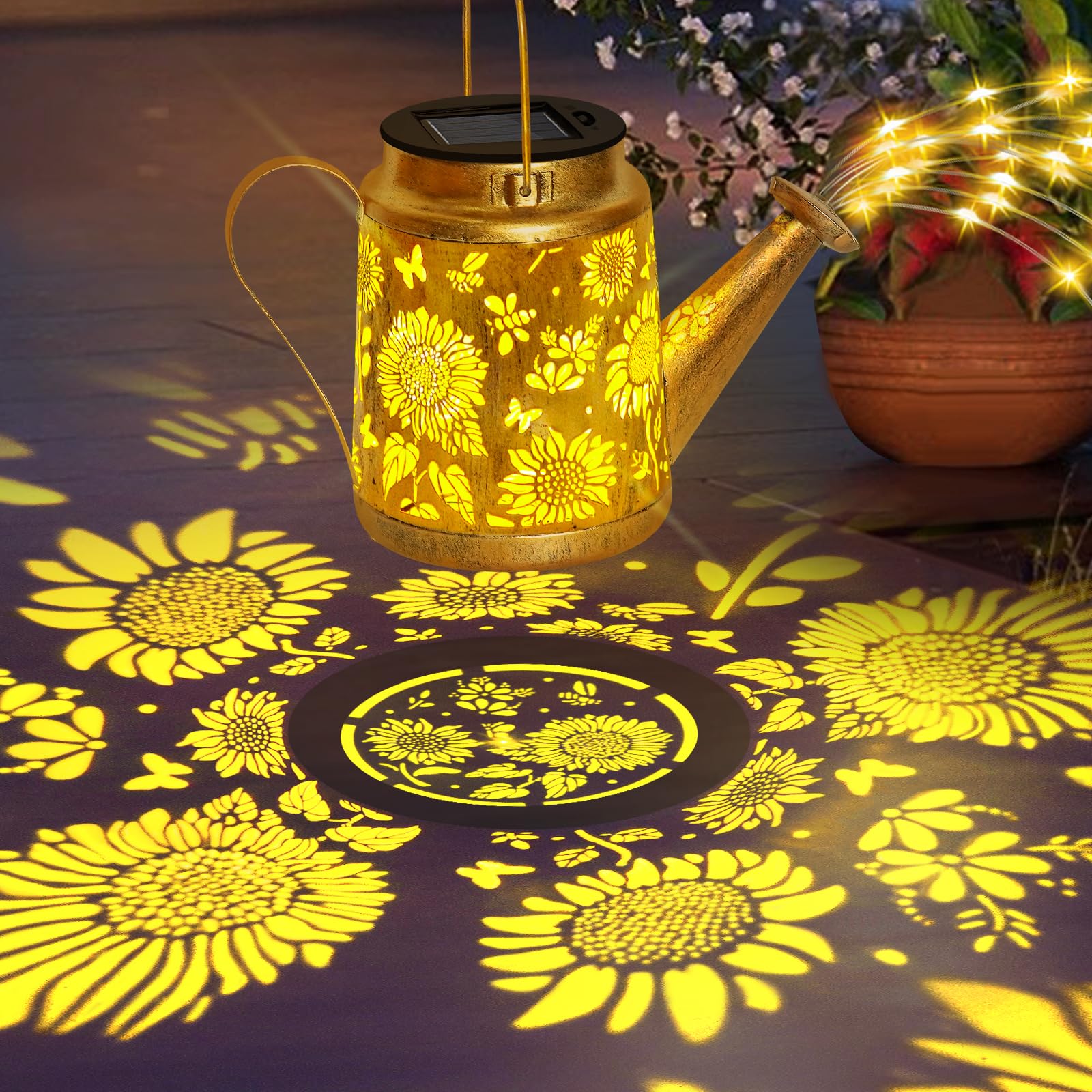 Ostritec Solar Watering Can Lights Outdoor Garden Decor, Large Sunflower Hanging Lantern With Shepherd Hook, Yellow Led, Gold Fi