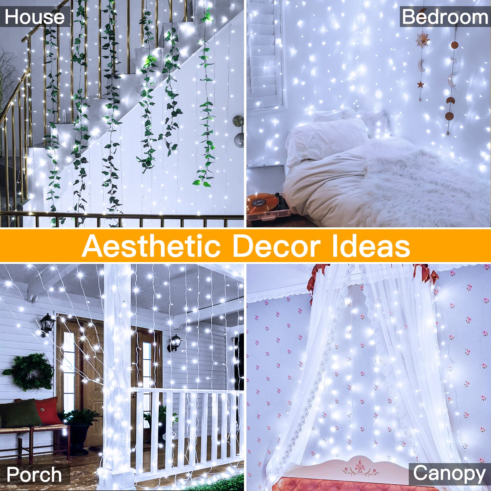 Ollny Curtain Lights 200LED, 6.6x6.6ft, Cool White, USB, Waterproof, 8 Modes, Remote Control, Model W0202M020L