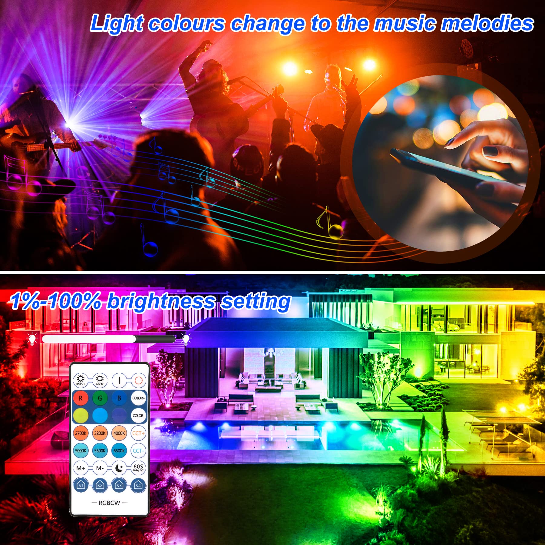 CREPOW RGB LED Flood Light 100W Smart Outdoor Lights 2 Pack, 2700K, Music Sync, IP66 Waterproof, RGBCW