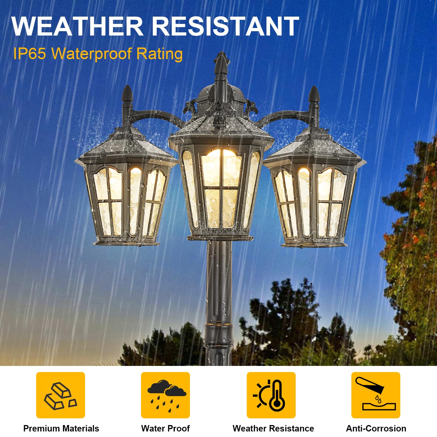 GYDZ 3-Head Solar Street Light, Aluminum with Dusk to Dawn Sensor, Waterproof Black Lamp Post for Backyard, Garden, Driveway, Model 6590-S-SE-GL