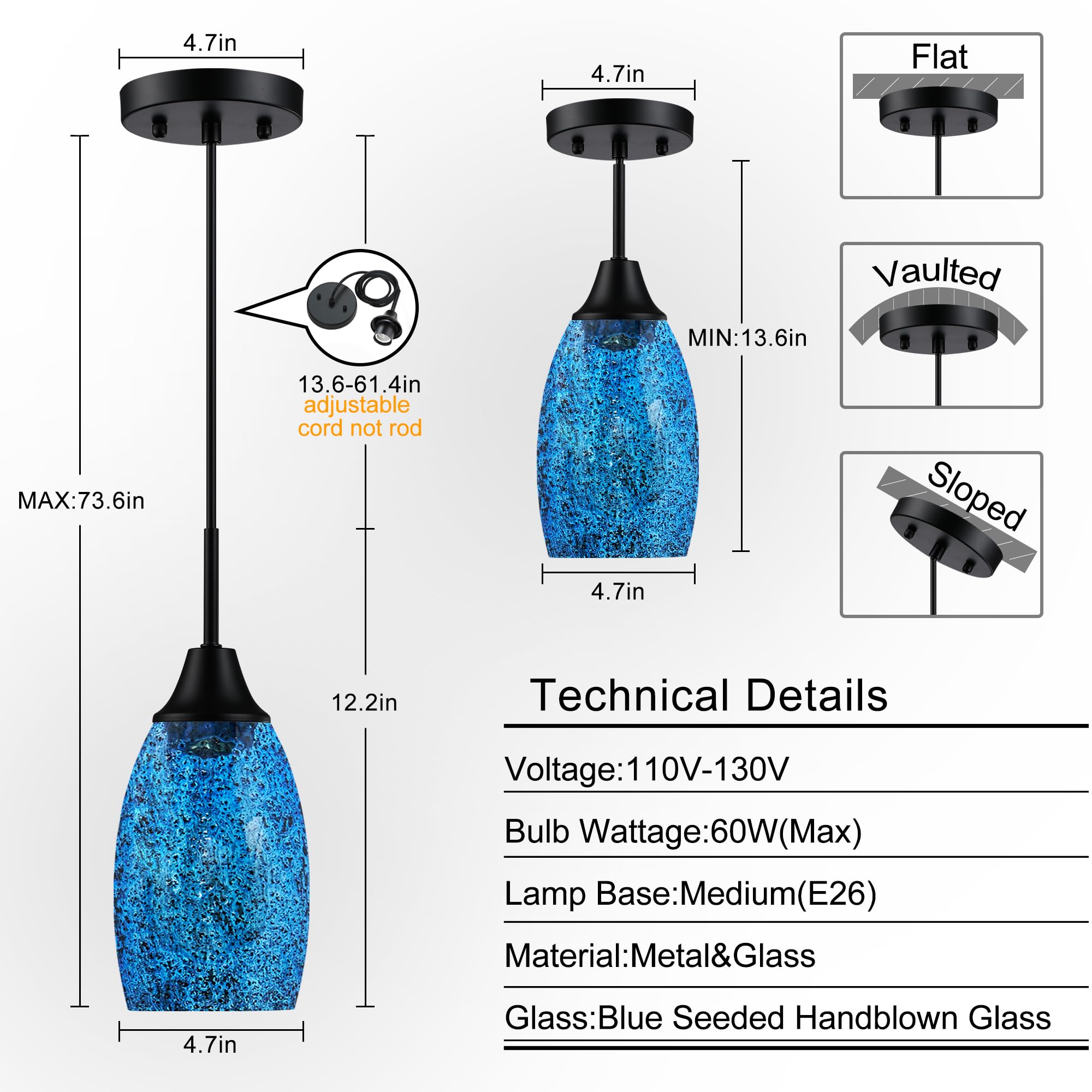 Viinew Mini Glass Pendant Light 1-Pack Handblown Clear Dark Blue Seeded Glass Shade Adjustable Cord Ceiling Light Fixture For Ki