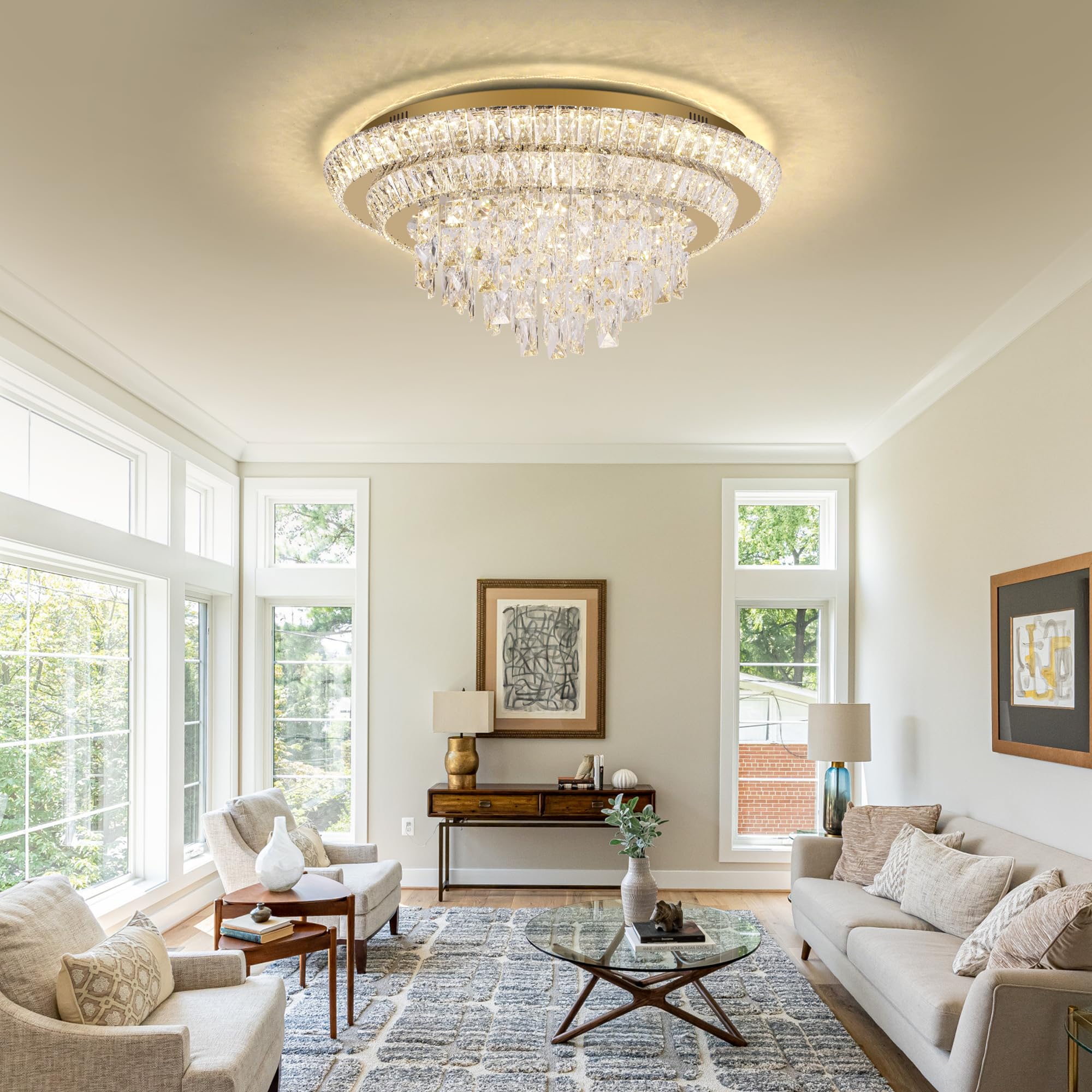 COCOSTAR 24" Gold LED Crystal Raindrop Ceiling Light Fixture, Dimmable with Remote Control, Model A401-24-GD