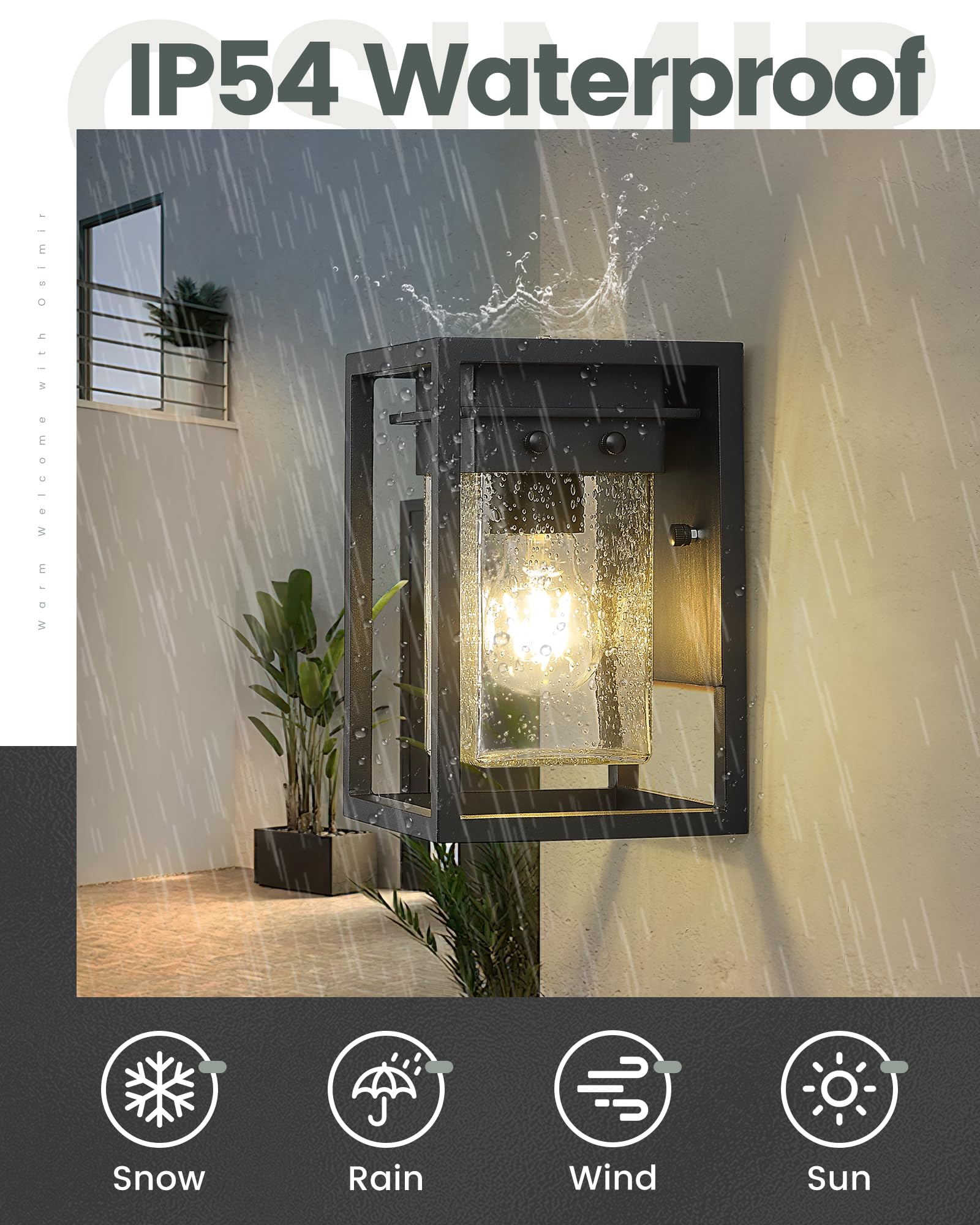 Osimir Porch Lights Outdoor, Dusk to Dawn, Aluminum, Black Finish, Model OS-3006, Seed Glass Design